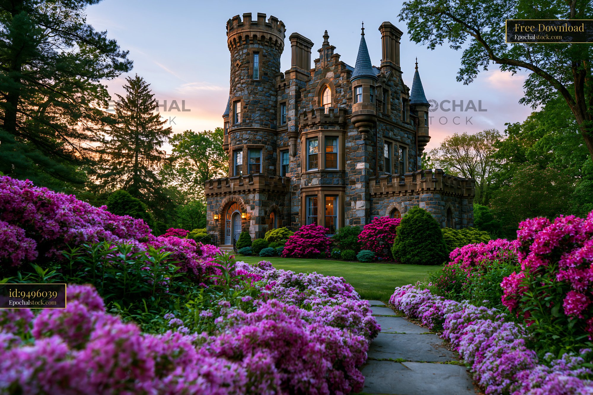 Watermarked full-resolution preview of Castle surrounded by colorful flowers during sunset