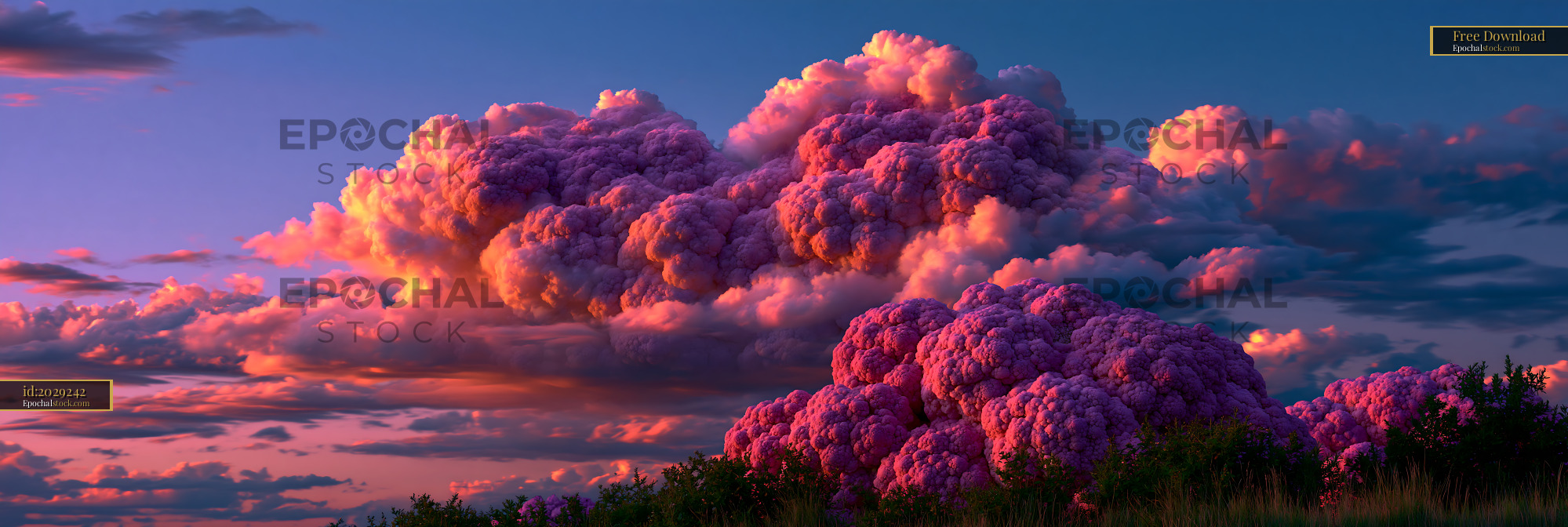 Watermarked full-resolution preview of Colorful clouds at sunset over a field