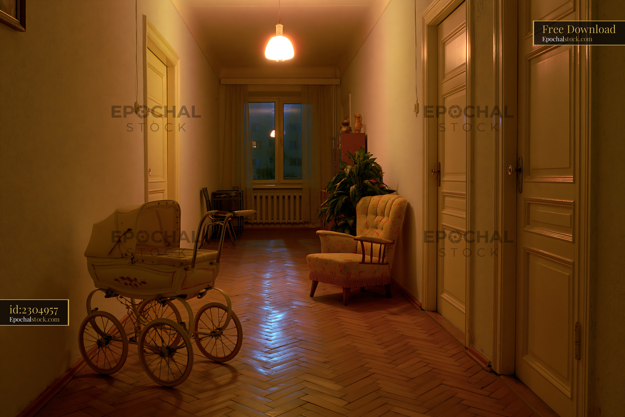 Watermarked full-resolution preview of Hallway with vintage pram and chair in softly lit interior space