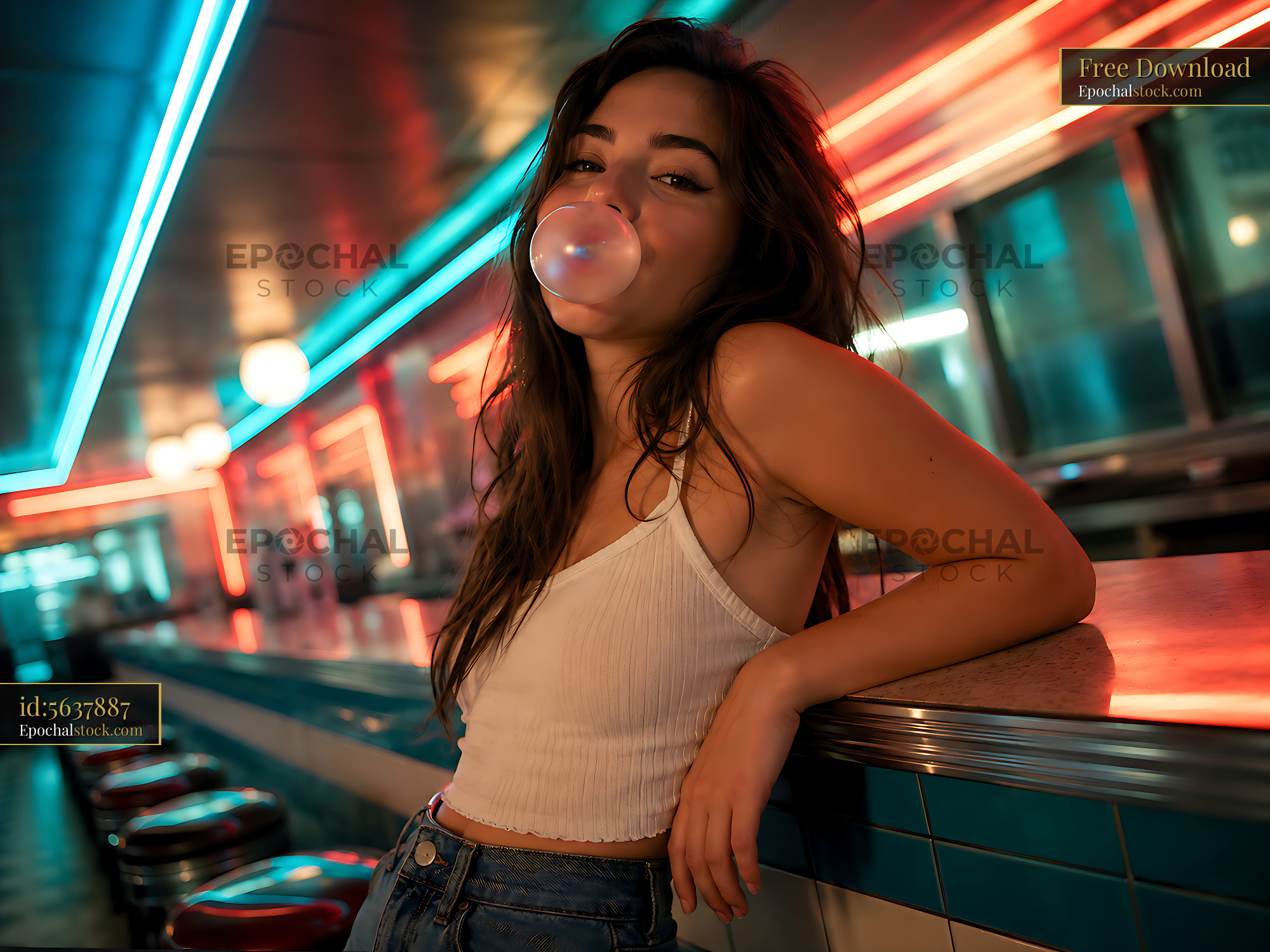 Watermarked full-resolution preview of Woman blowing bubble gum in a diner with neon lights