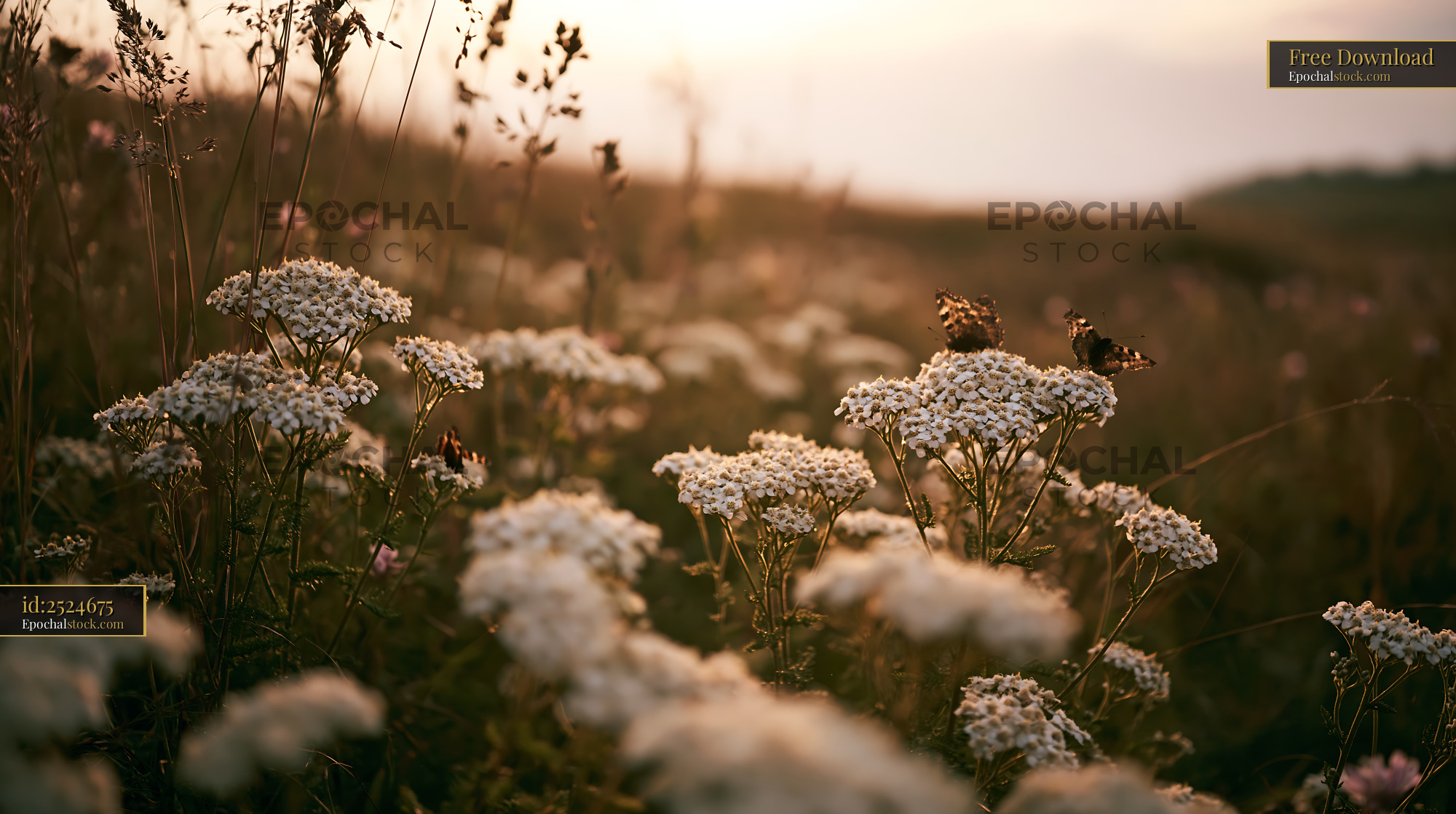 Yarrow Wildflowers Blooming at Golden Hour in a Meadow - stock photo