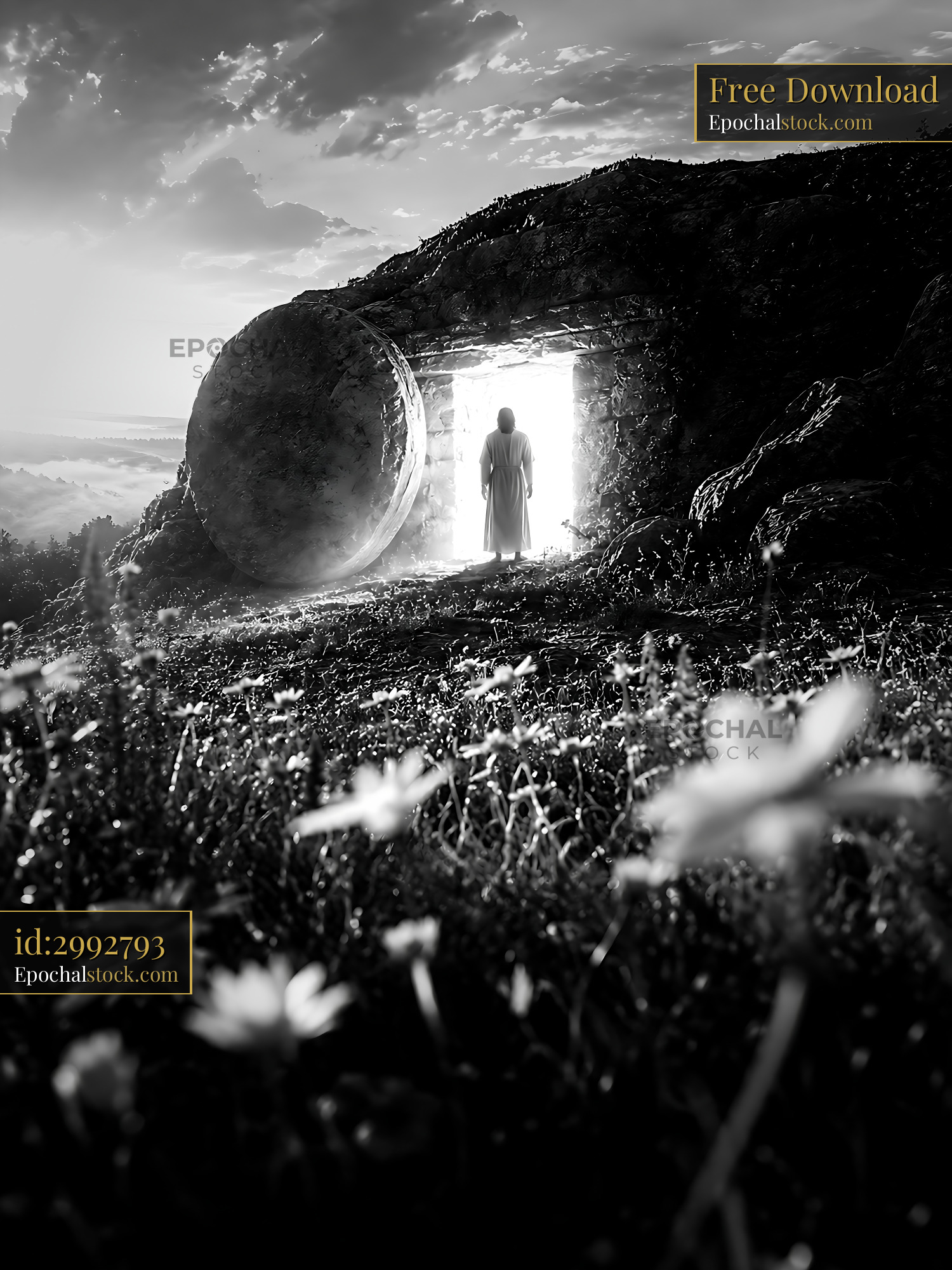 Watermarked full-resolution preview of Person standing near an ancient stone tomb in a grassy field
