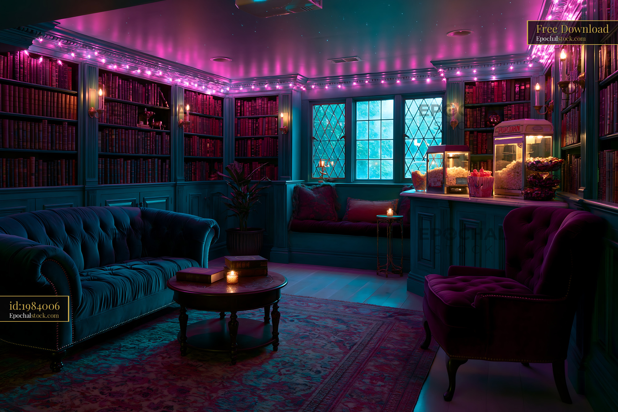 Watermarked full-resolution preview of Cozy reading nook with colorful lights and bookshelves