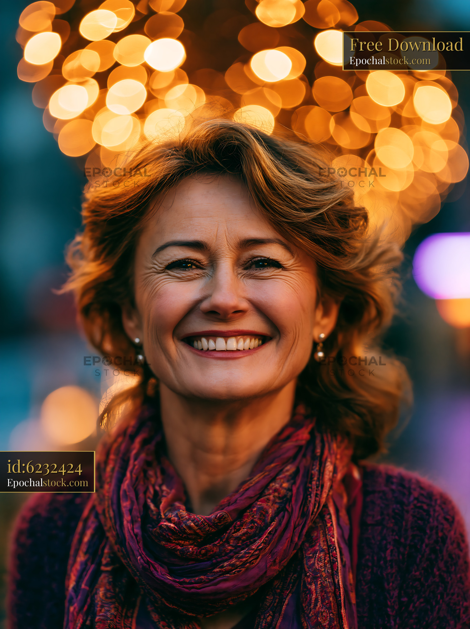Watermarked full-resolution preview of Smiling woman in front of glowing lights during evening