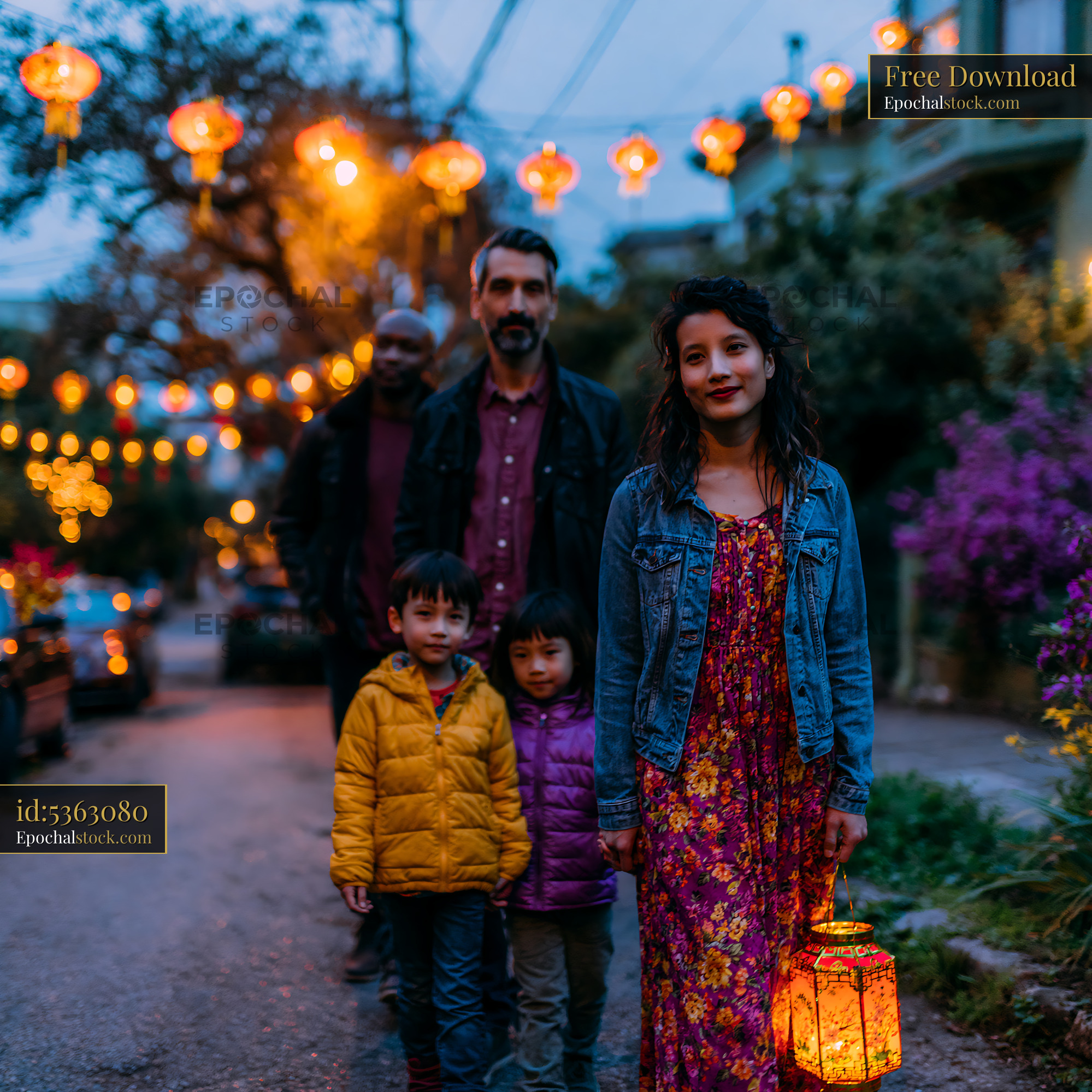 Watermarked full-resolution preview of Family with lanterns on a garden path