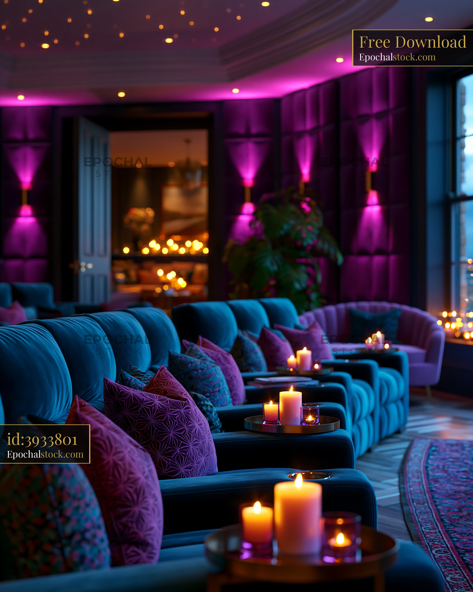 Modern Basement Cinema With Purple Lighting and Cozy Seating - stock photo
