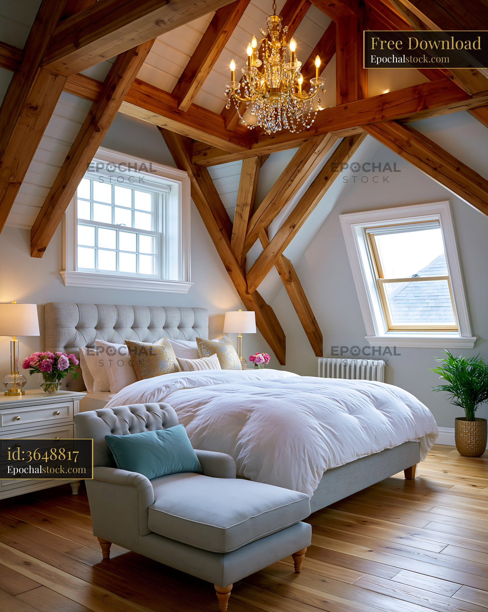 Watermarked full-resolution preview of Elegant bedroom with wooden beams and chandelier