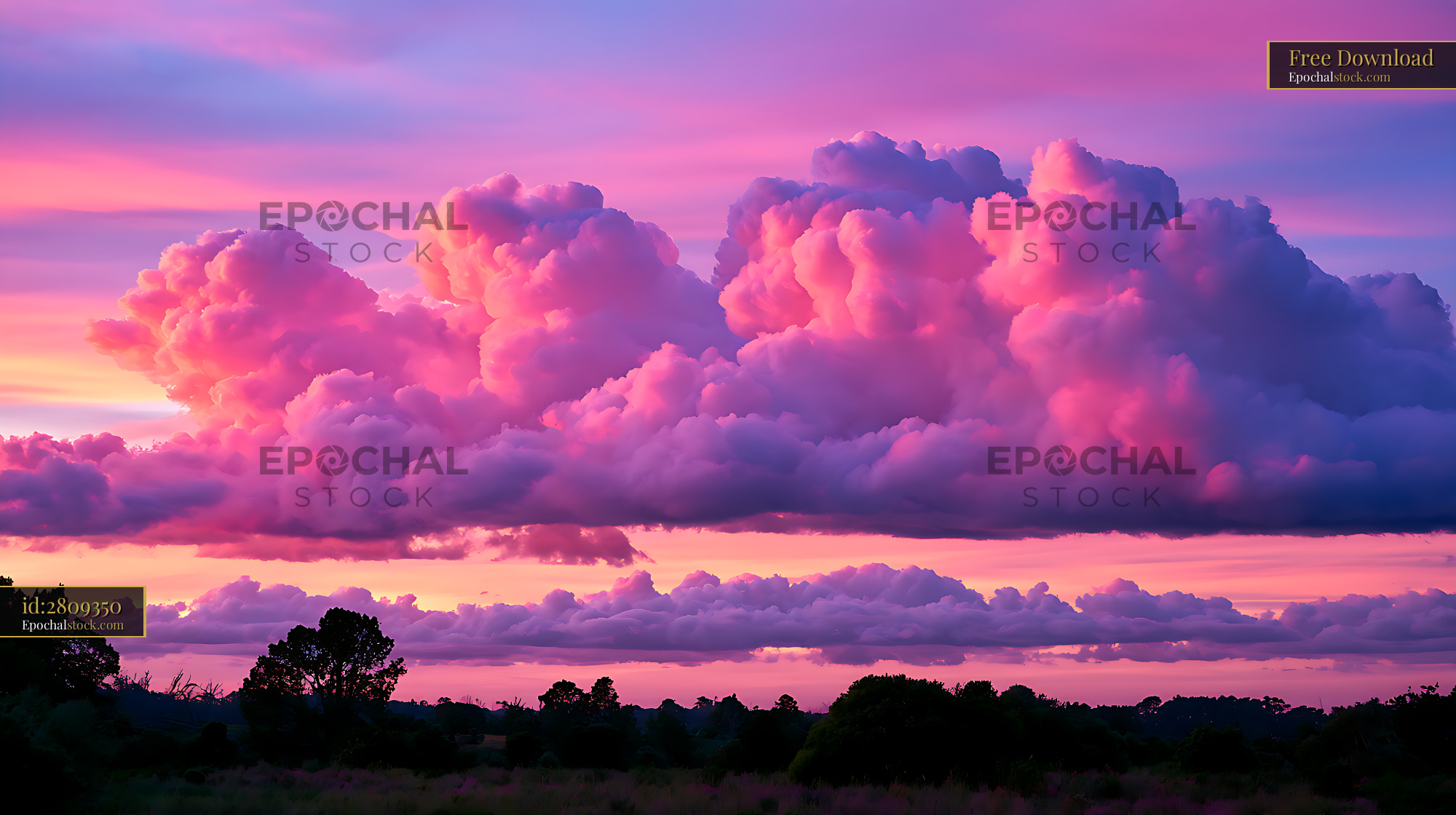 Watermarked full-resolution preview of Vivid sunset cloudscape over a dark natural horizon