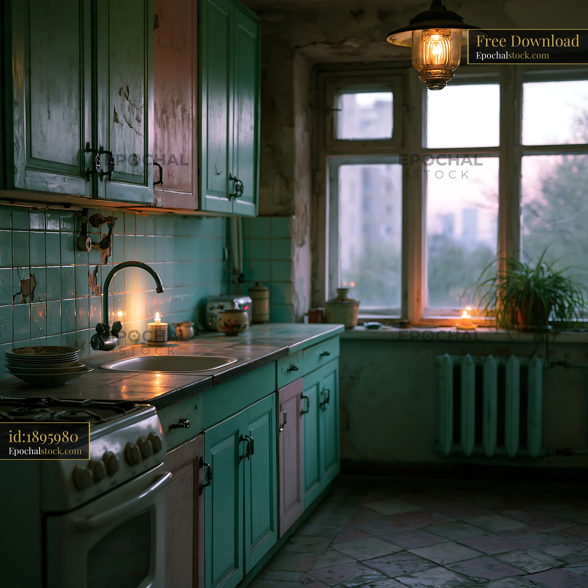 Watermarked full-resolution preview of Cozy kitchen with teal cabinets and warm evening lighting