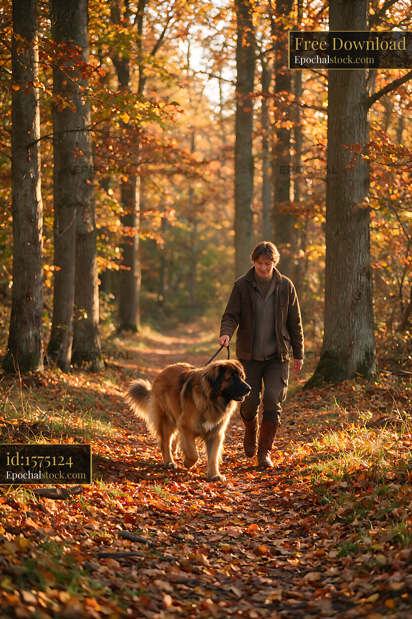 Watermarked full-resolution preview of Large dog and owner walking through autumn woodland