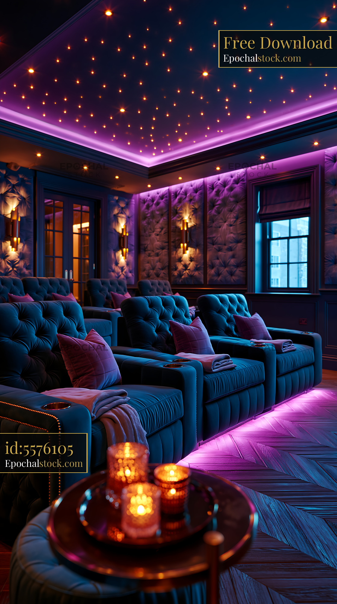 Watermarked full-resolution preview of Luxury home theater with plush seating and colorful lighting