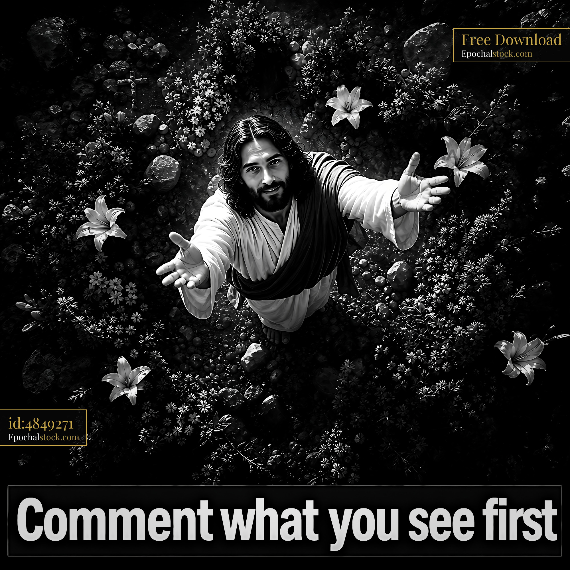 Watermarked full-resolution preview of Man reaching out among flowers