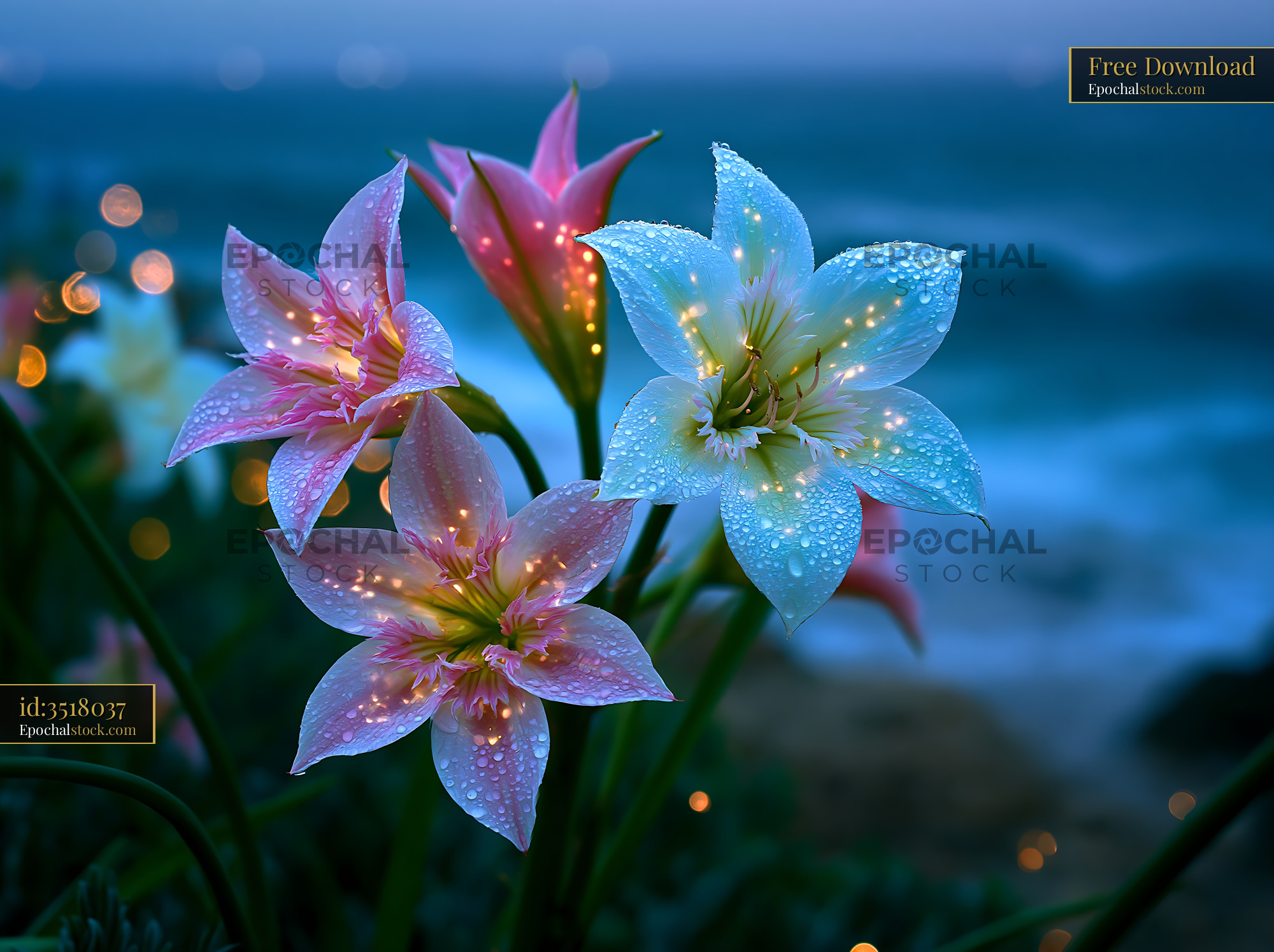 Watermarked full-resolution preview of Flowers with dew by the ocean at dusk