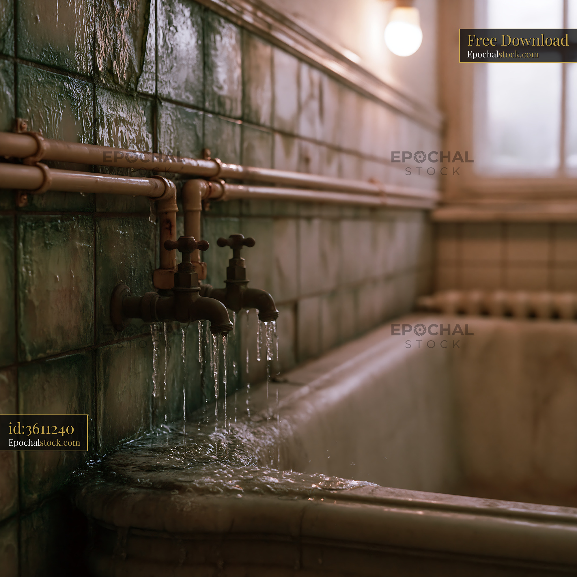 Watermarked full-resolution preview of Old bathroom with running taps and tiled walls