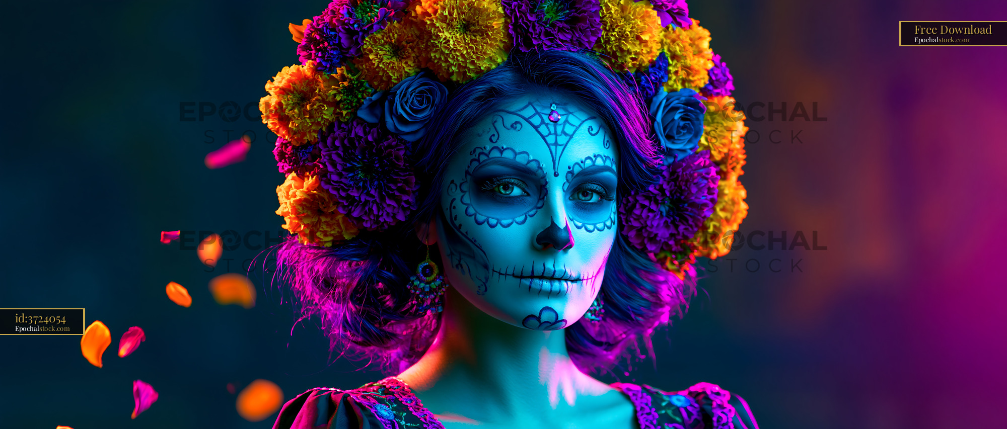 Watermarked full-resolution preview of Woman stands in vibrant attire with a flower crown on her head