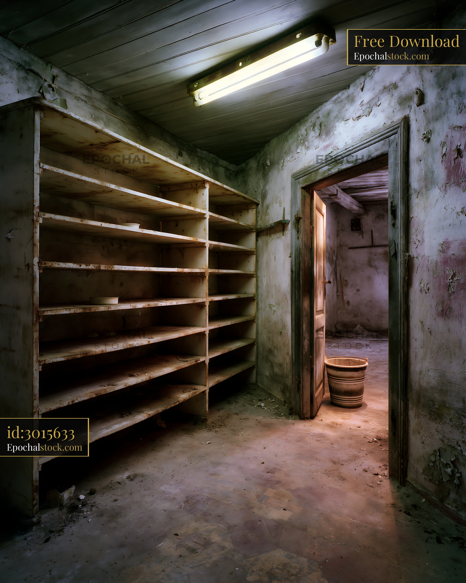 Watermarked full-resolution preview of Dark empty room with old shelves and a door