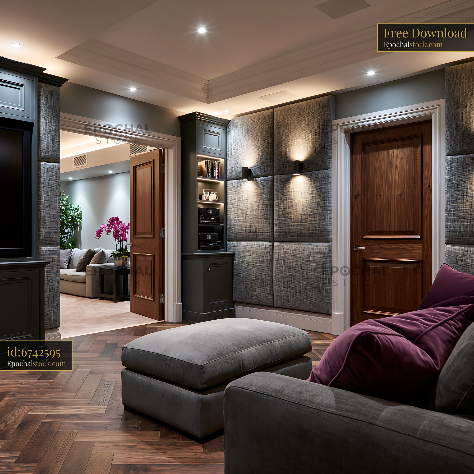 Watermarked full-resolution preview of Interior design of a modern living room with comfortable furniture