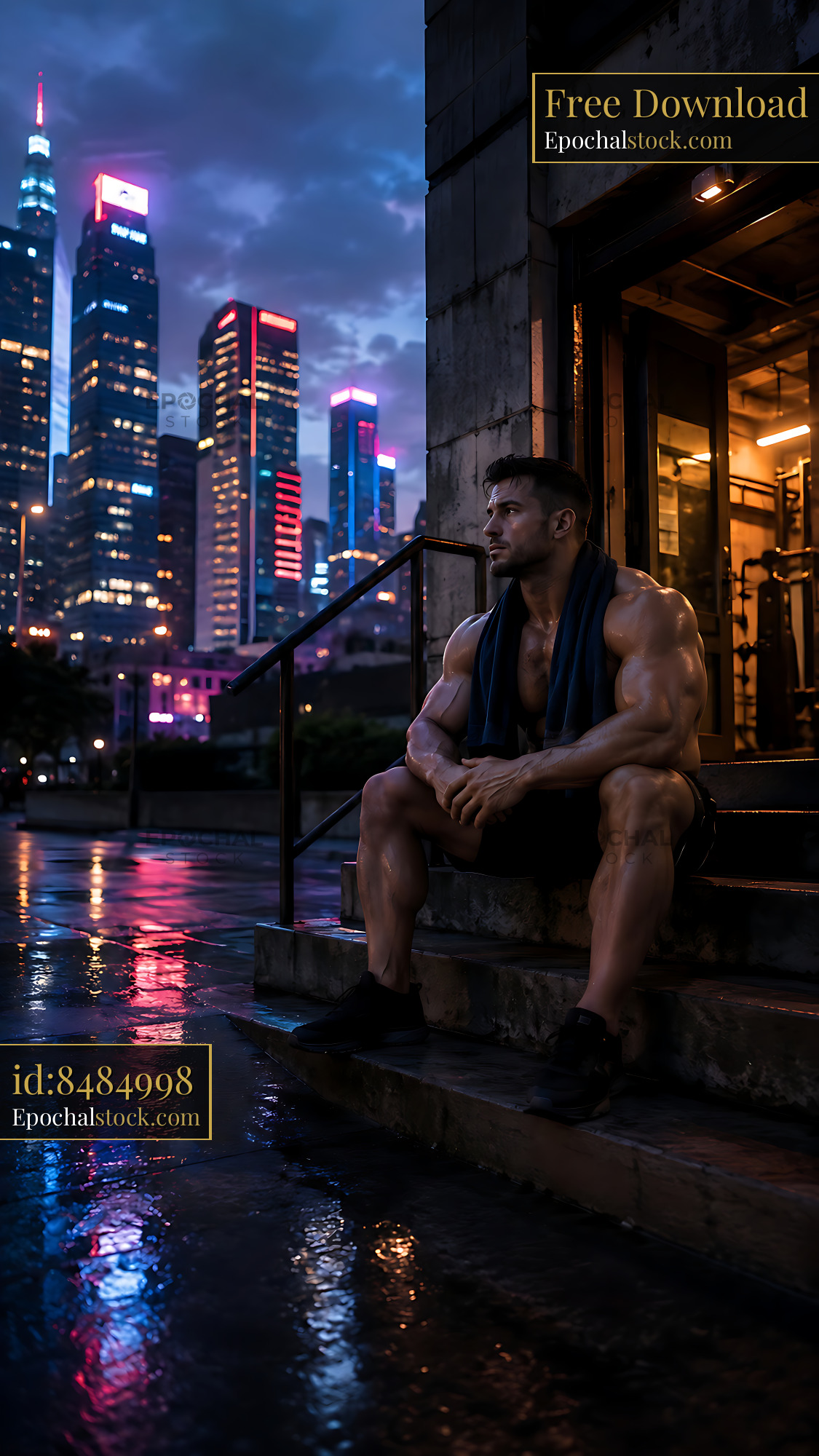 Watermarked full-resolution preview of Muscular man resting at an urban gym with city skyline view
