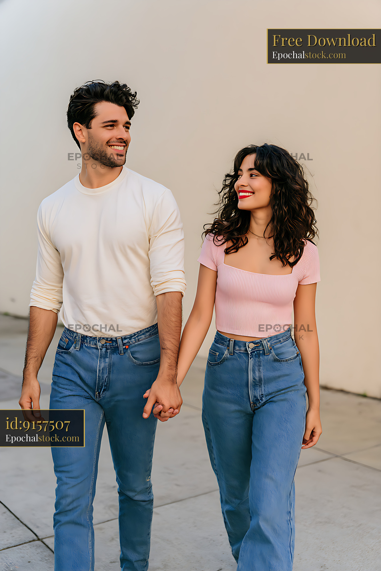 Watermarked full-resolution preview of Happy couple holding hands in casual clothes