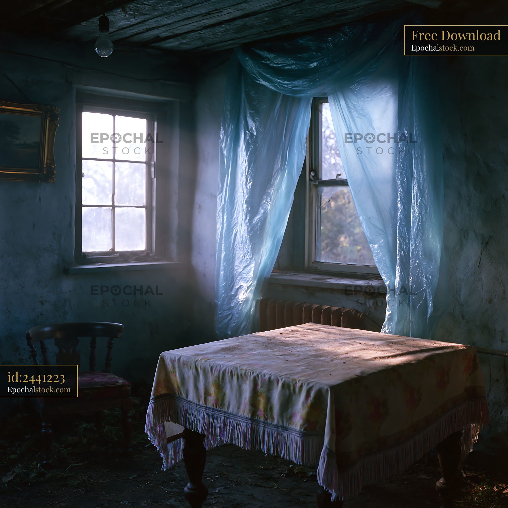 Watermarked full-resolution preview of Old room with sunlight coming through windows and a table