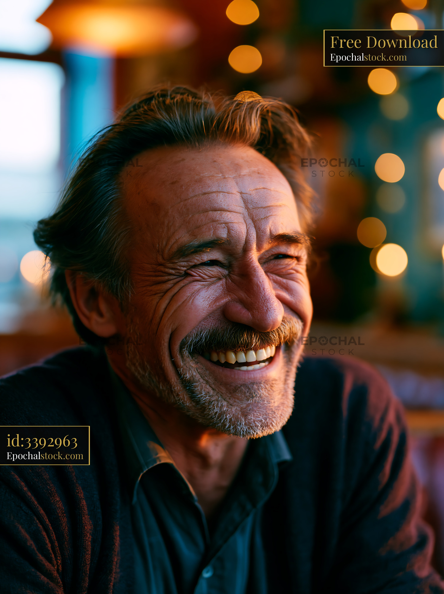 Watermarked full-resolution preview of Man smiling in a warm cafe setting with lights in the background