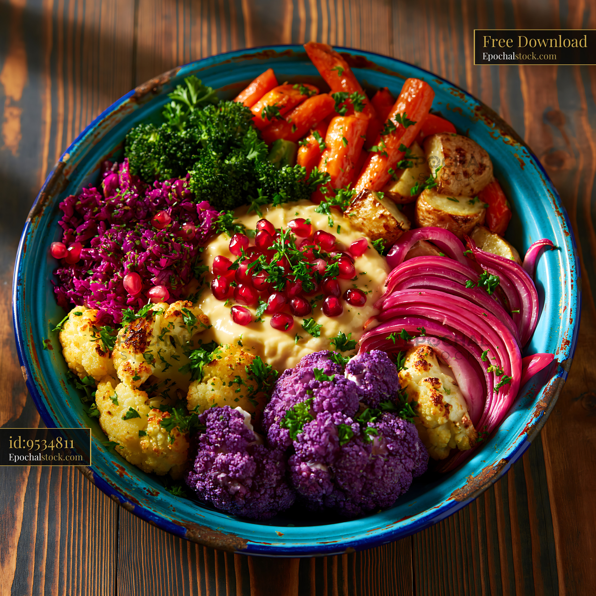 Watermarked full-resolution preview of Colorful vegetable platter with hummus and garnishes