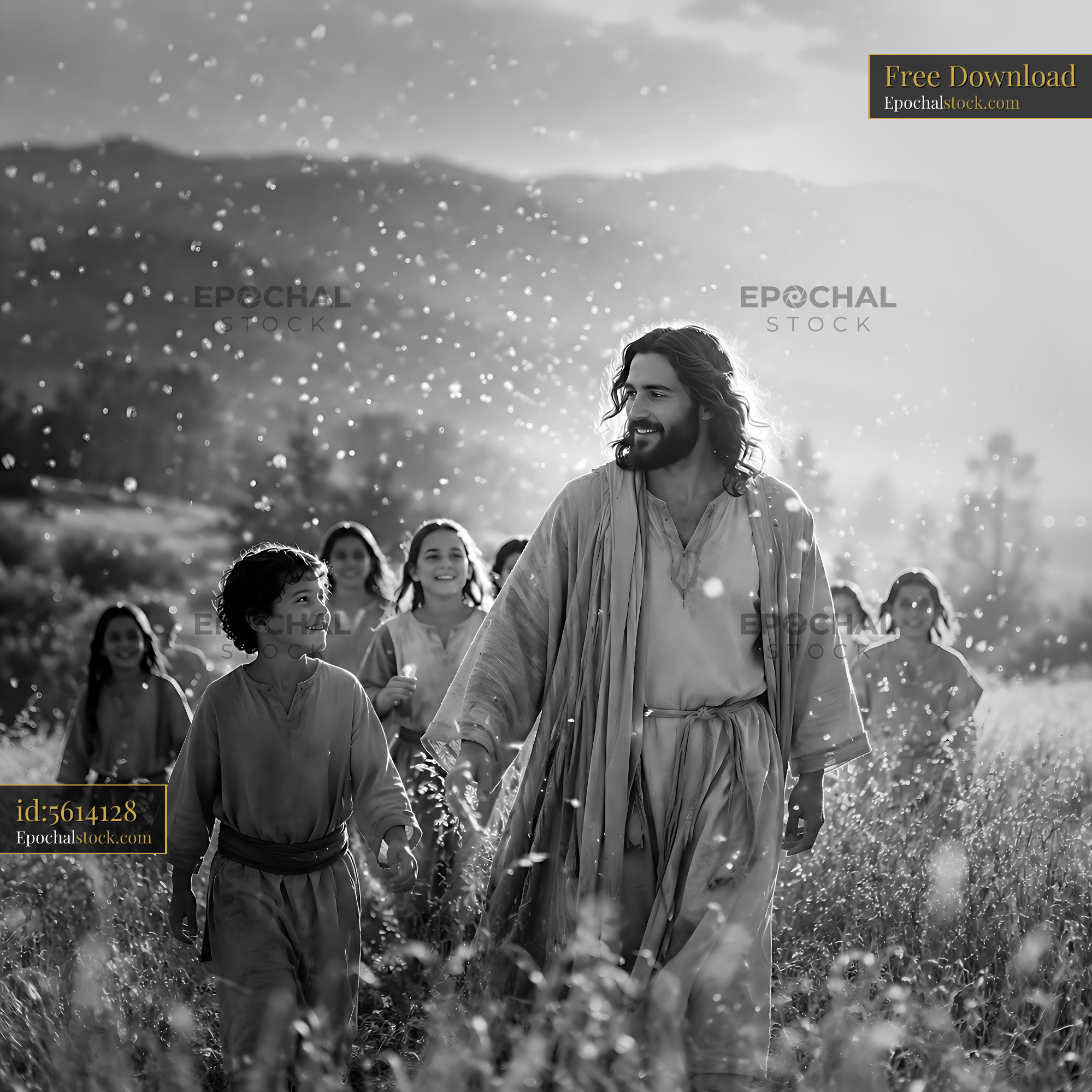 Watermarked full-resolution preview of Children walking with a man in a field during daylight