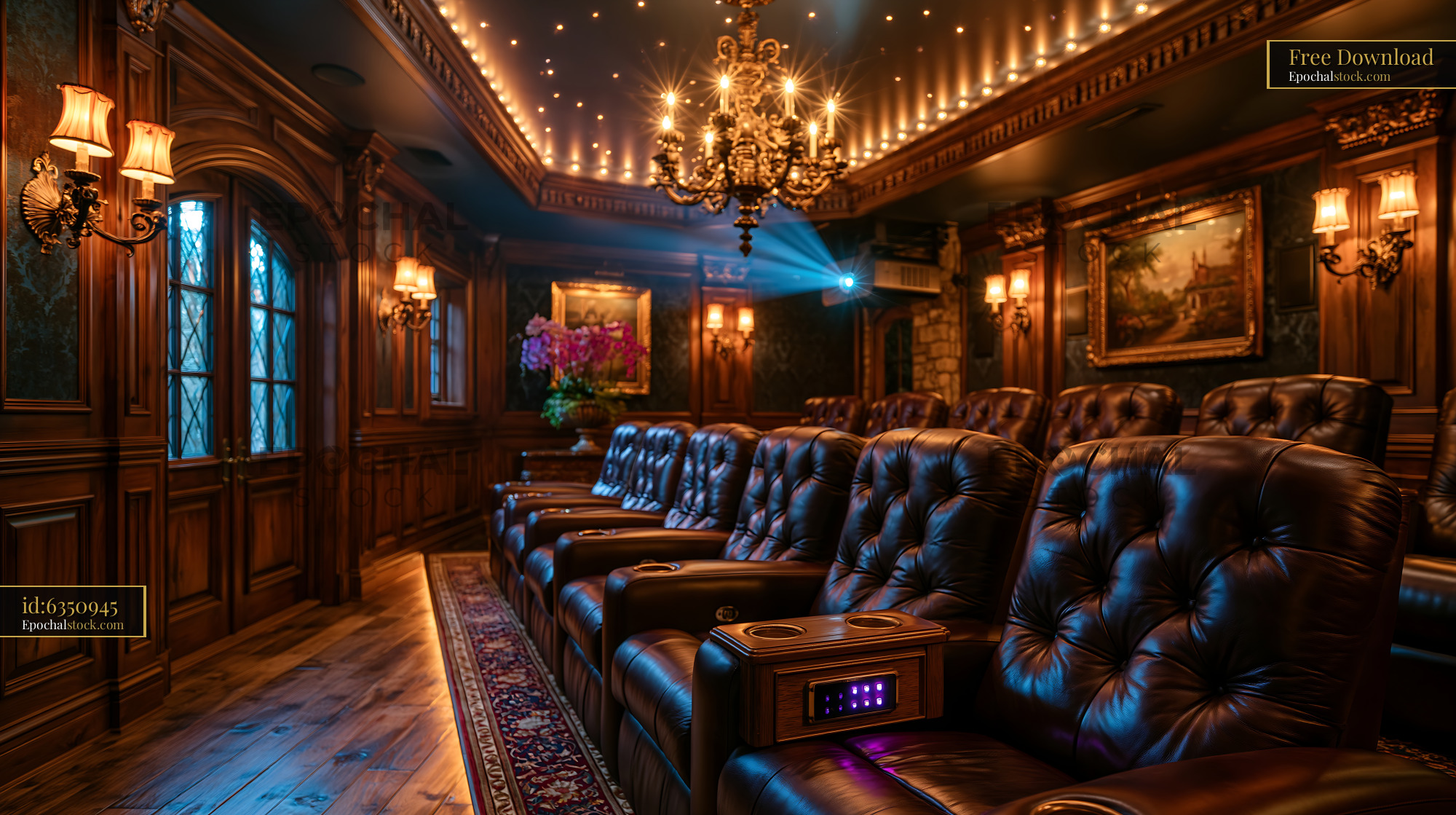 Watermarked full-resolution preview of Cozy home theater with leather seats and elegant lighting