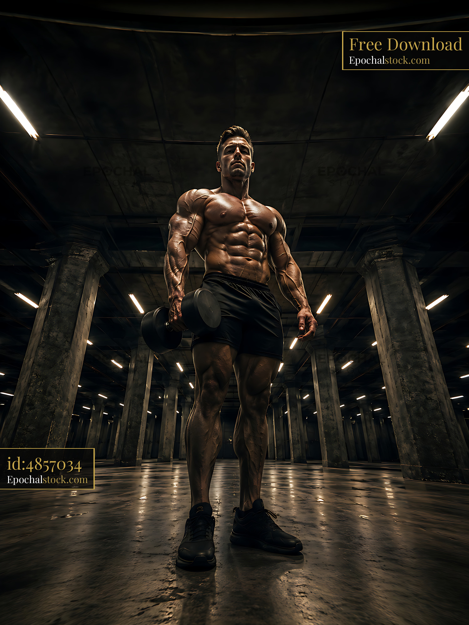 Man Lifting Dumbbell in Dark Gym With Strong Lighting - stock photo