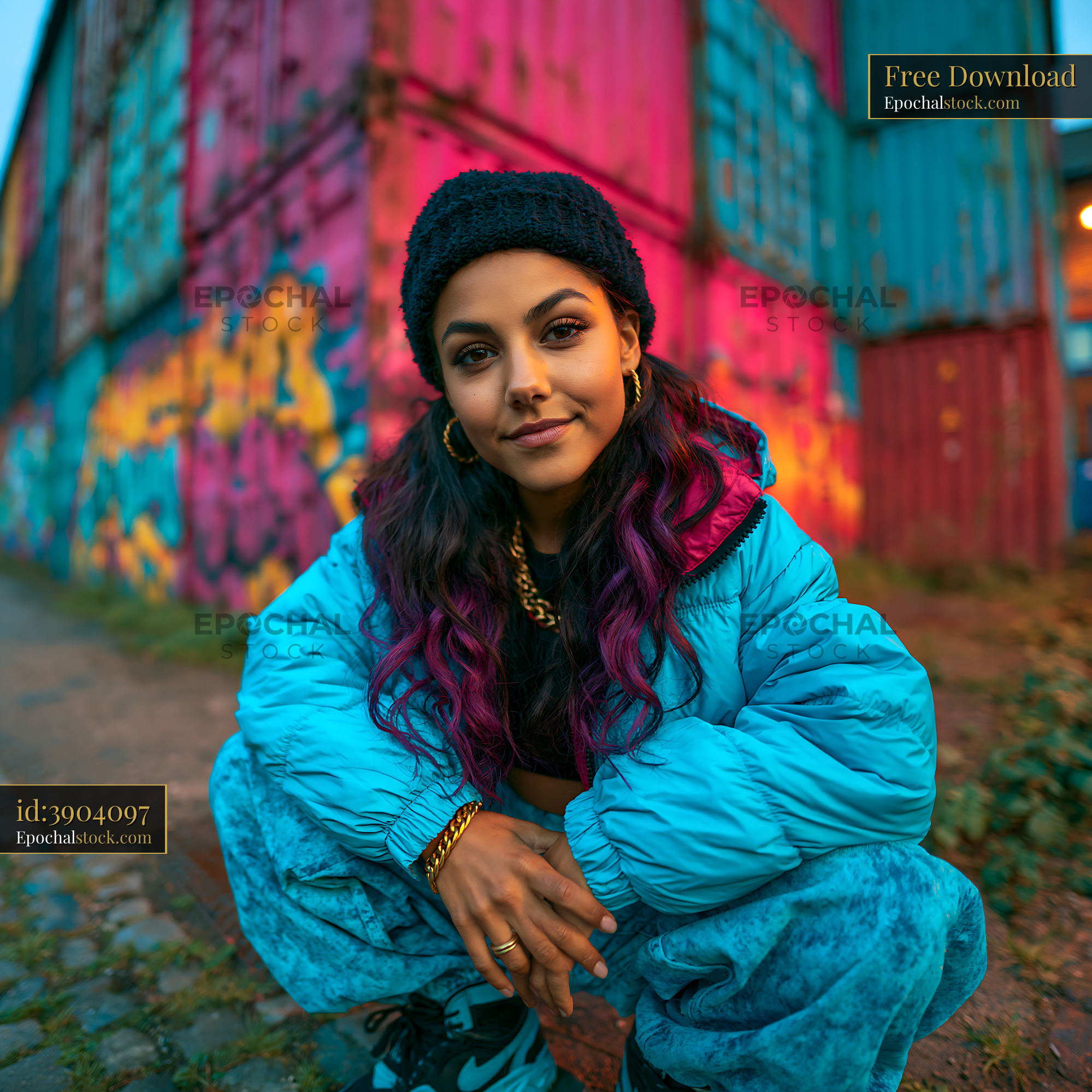 Watermarked full-resolution preview of Young woman squatting in colorful urban setting with graffiti walls