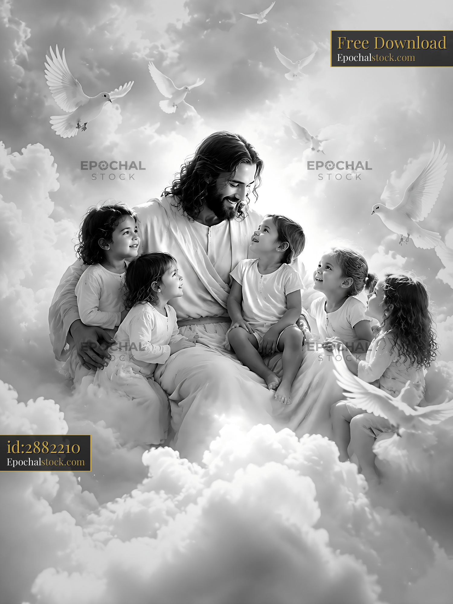Watermarked full-resolution preview of Jesus with children in a cloud-filled scene
