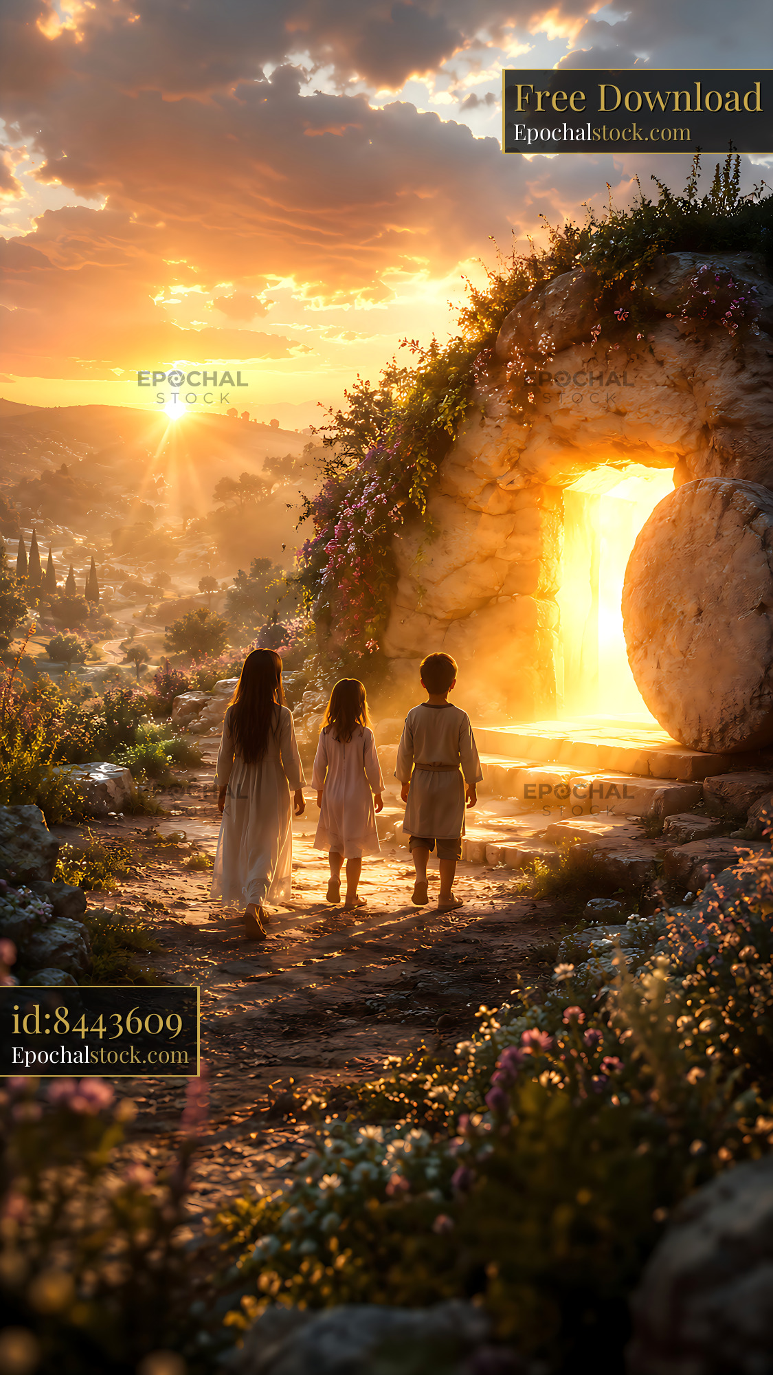 Watermarked full-resolution preview of Children walking towards a glowing entrance at sunset