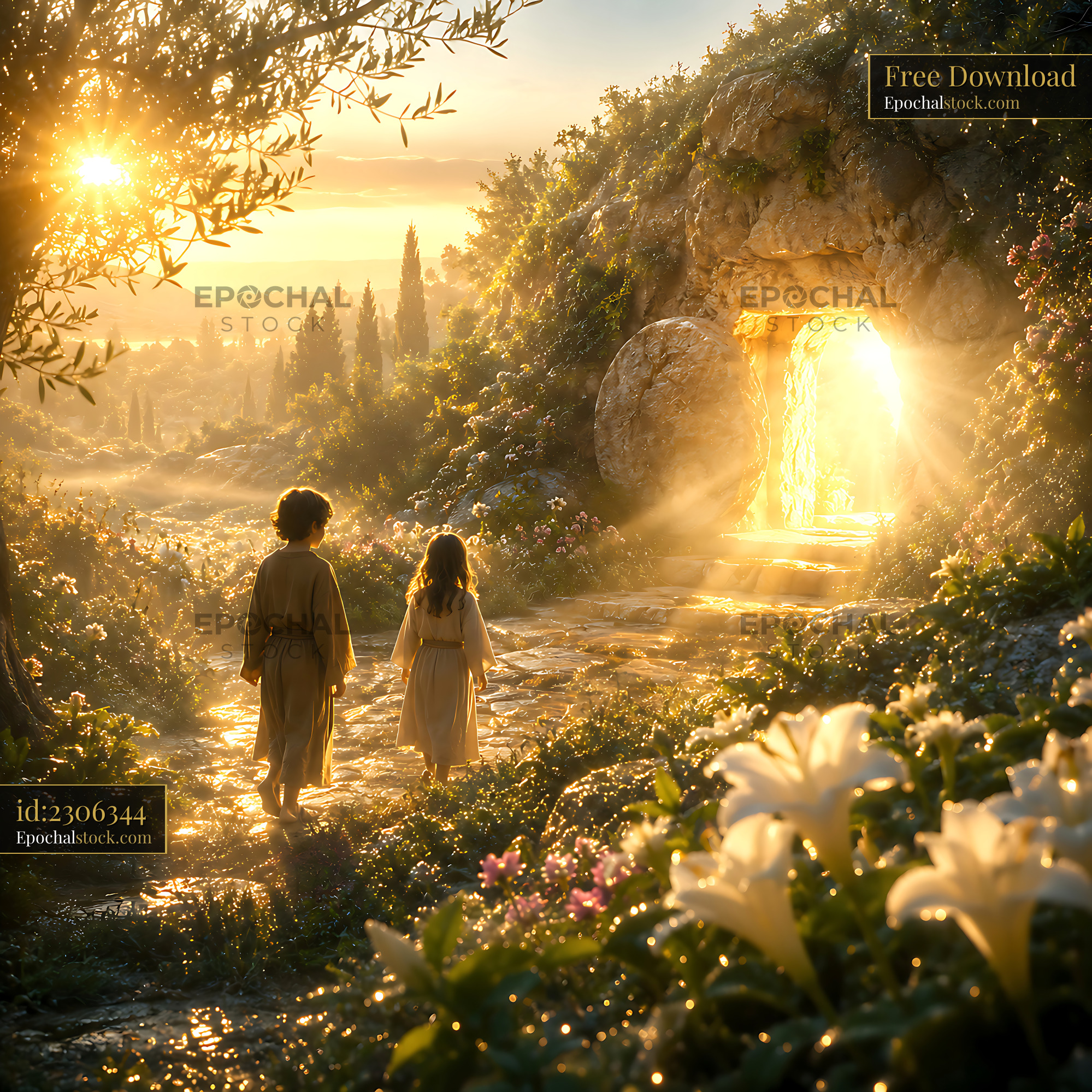 Watermarked full-resolution preview of Children walk towards a glowing entrance in a serene landscape