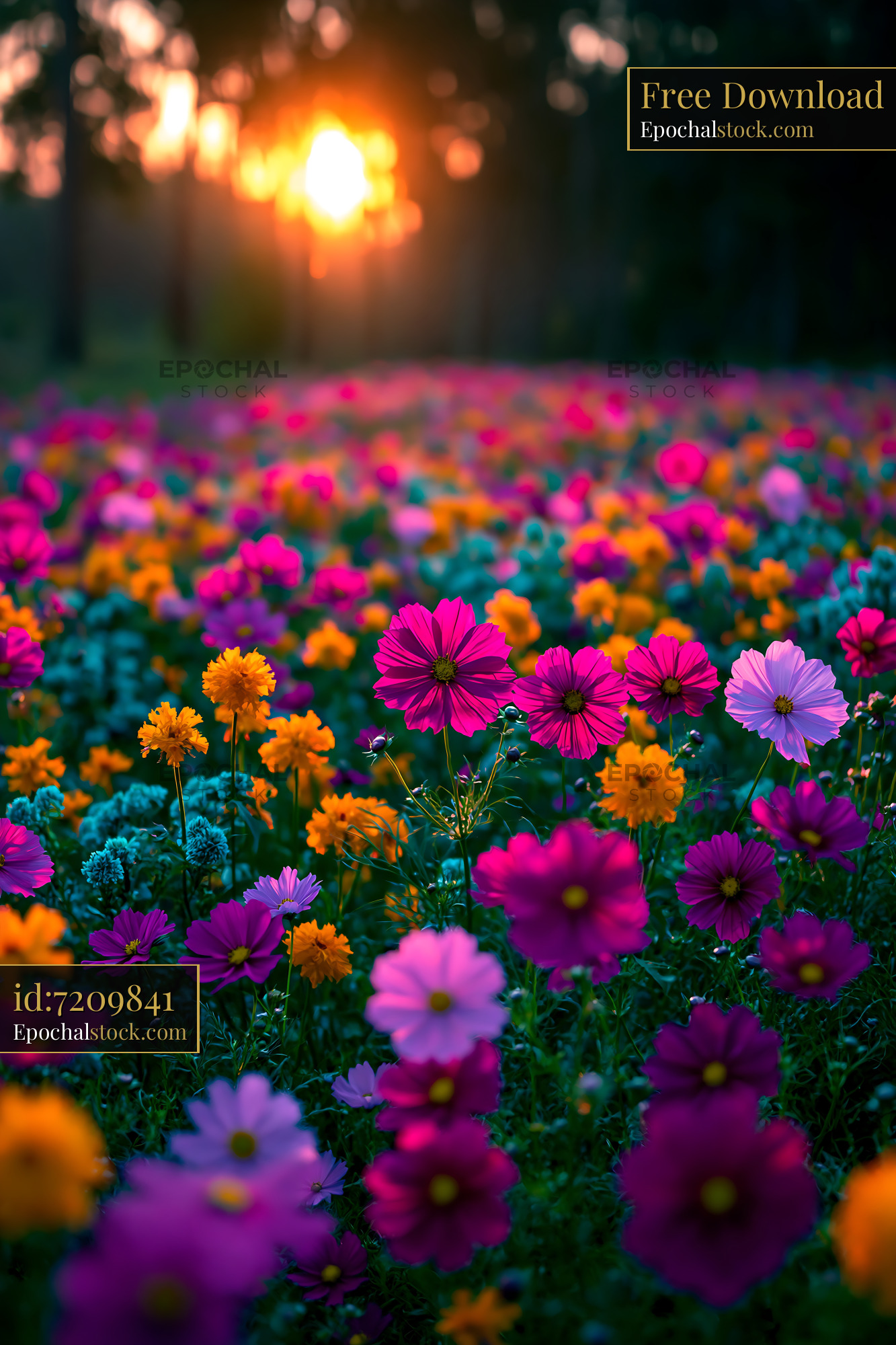 Watermarked full-resolution preview of Colorful flowers bloom at sunset in a vibrant field