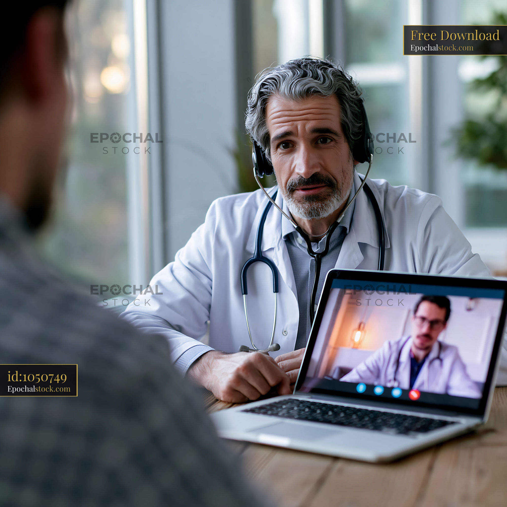 Watermarked full-resolution preview of Doctor consulting patient via video call at home