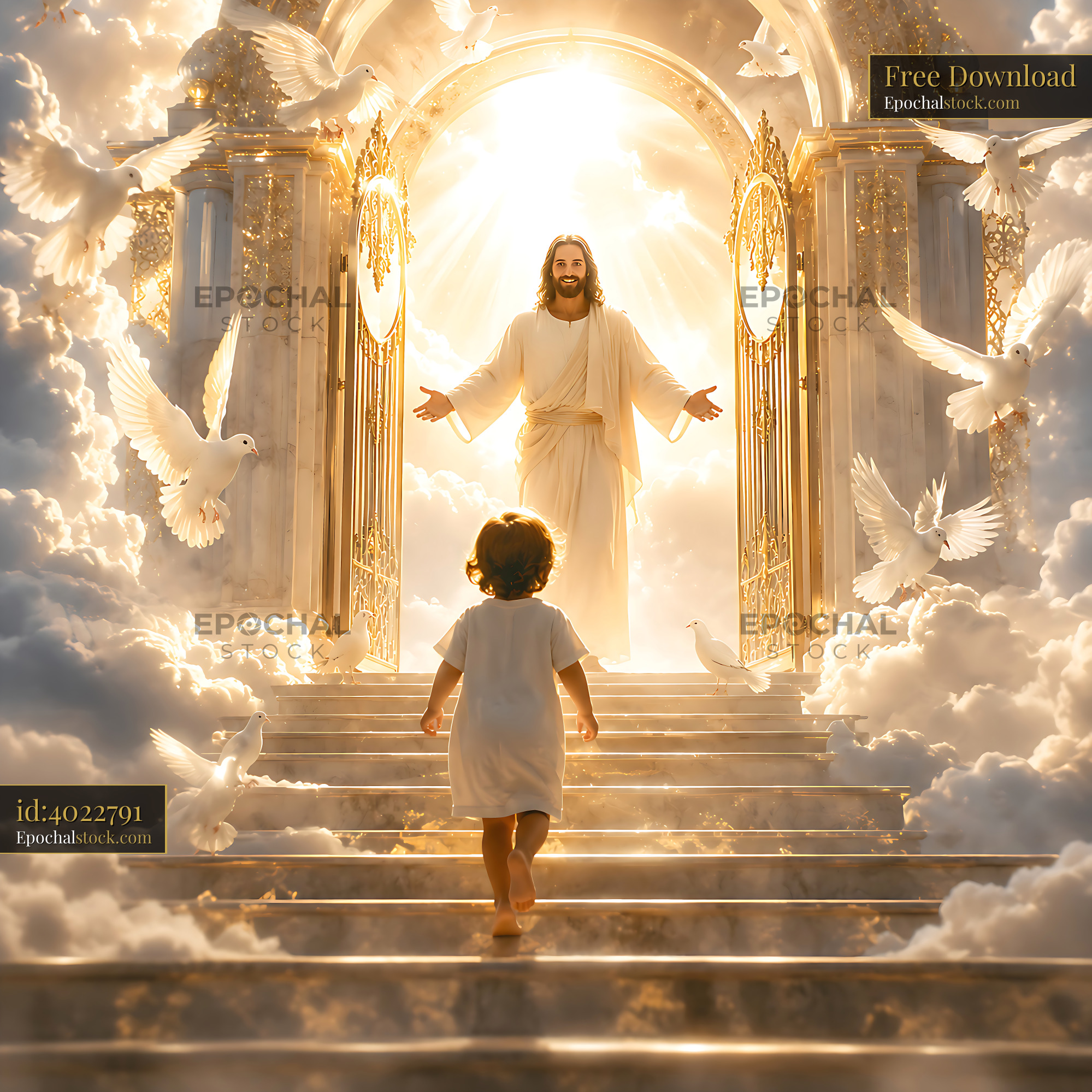 Watermarked full-resolution preview of Child walking towards Jesus in a bright heavenly scene