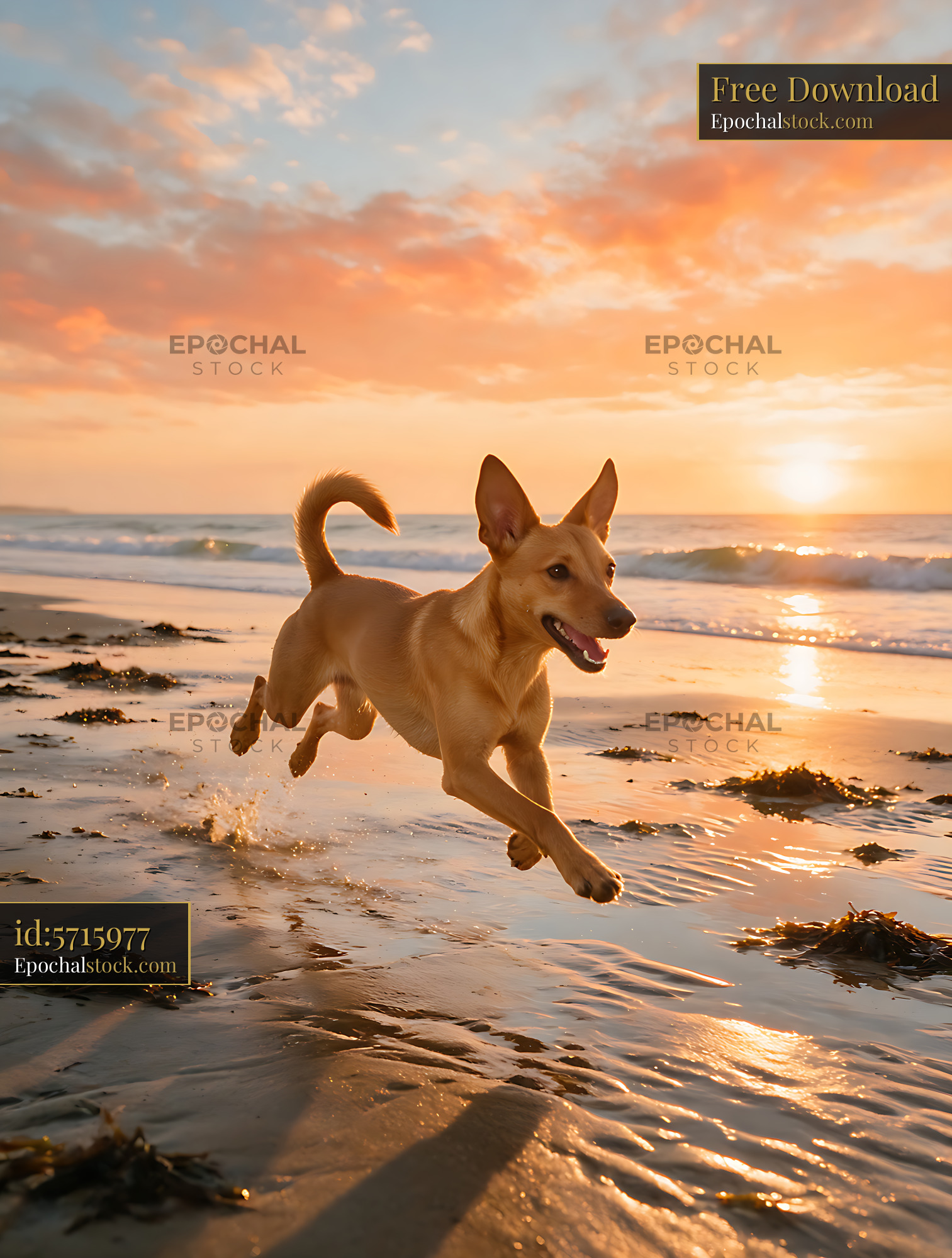 Watermarked full-resolution preview of Dog sprinting along a beach at sunset