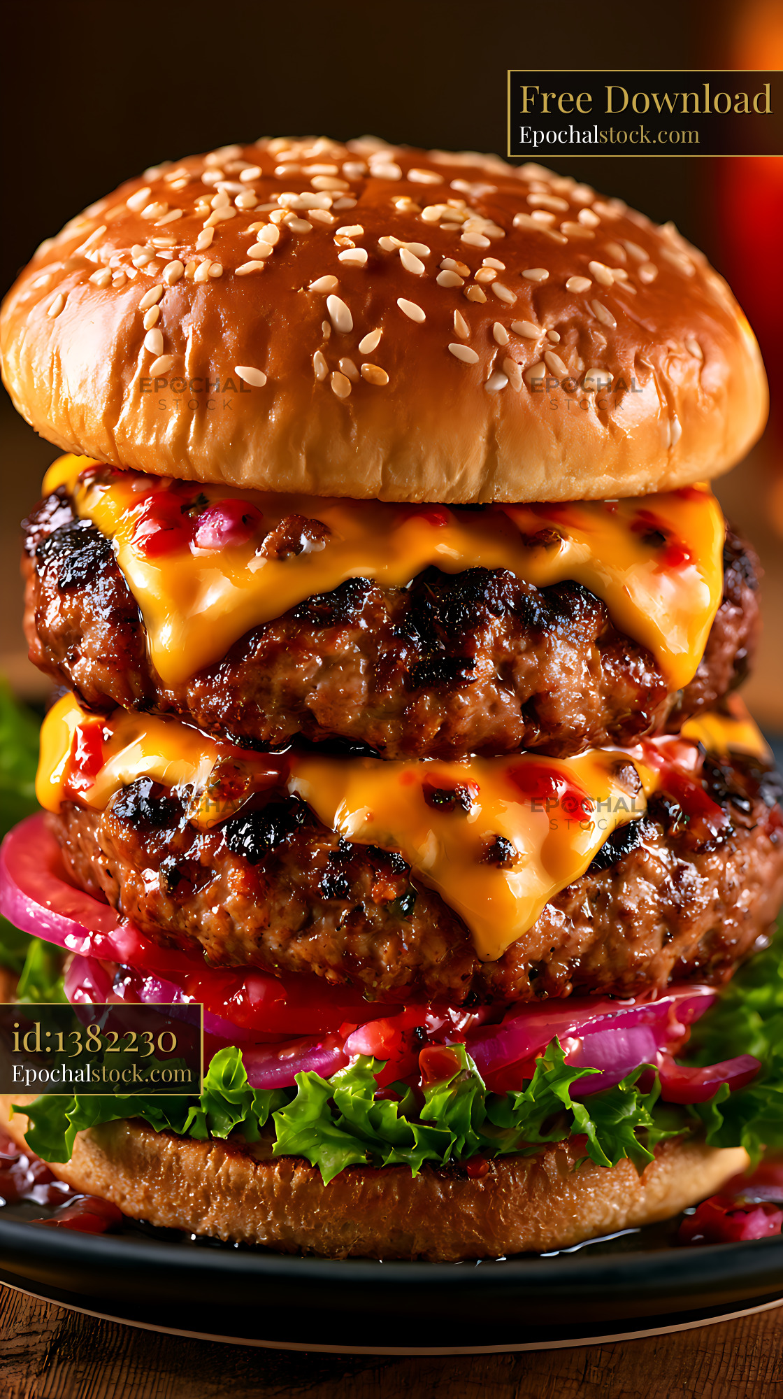Watermarked full-resolution preview of Juicy double cheeseburger with fresh toppings on a black plate