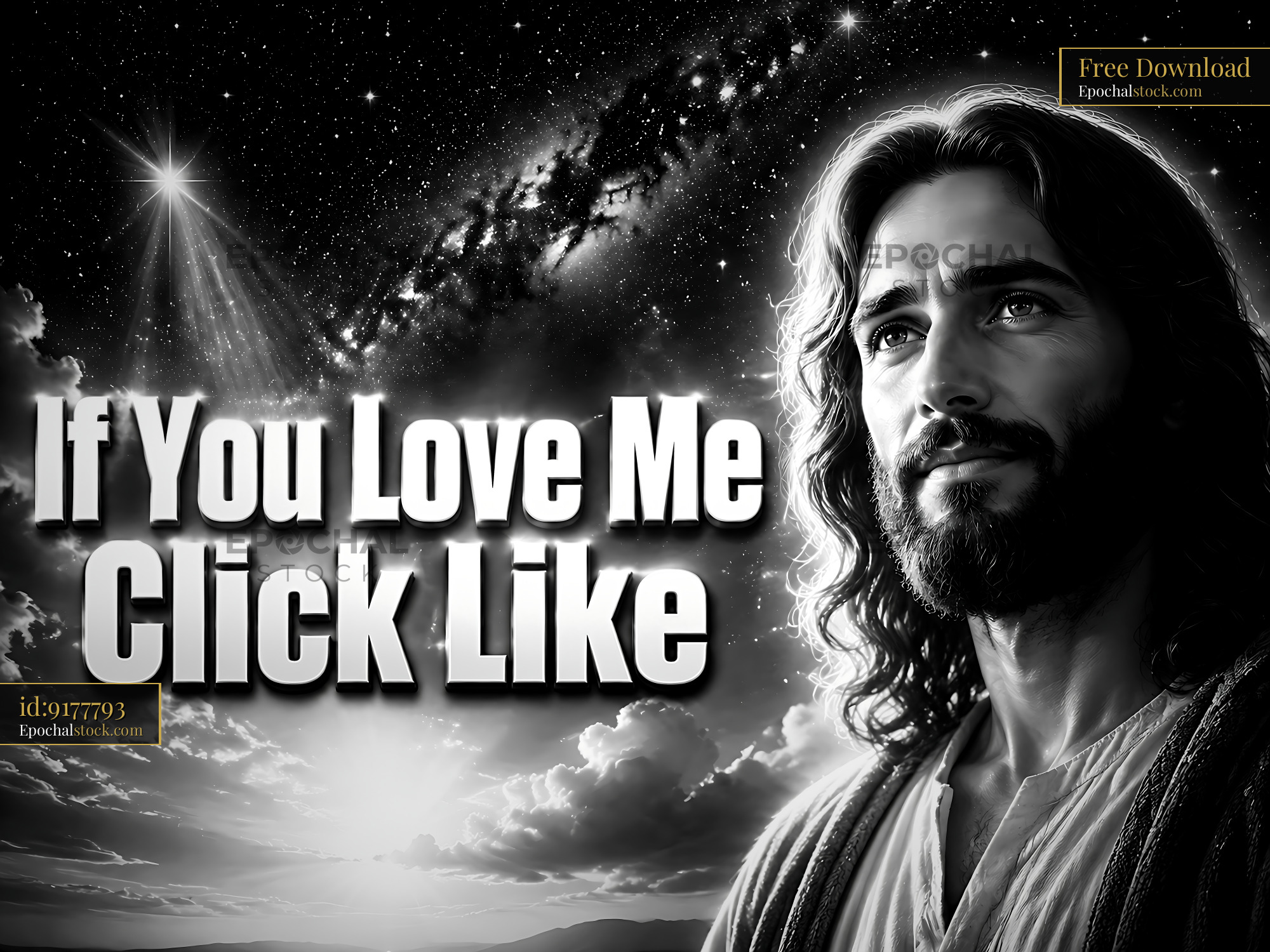 Watermarked full-resolution preview of Religious figure with cosmic background and text overlay