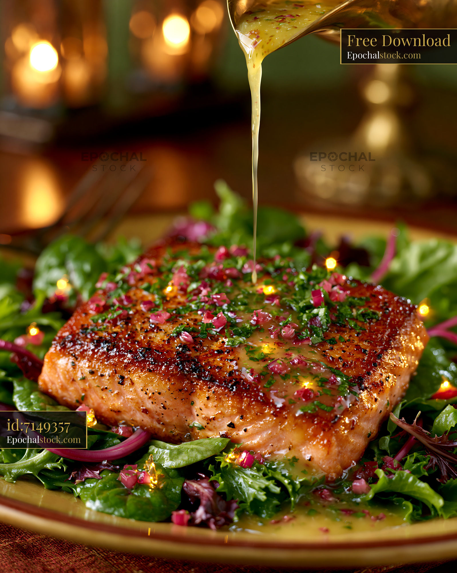 Watermarked full-resolution preview of Grilled salmon on a bed of greens with dressing drizzle