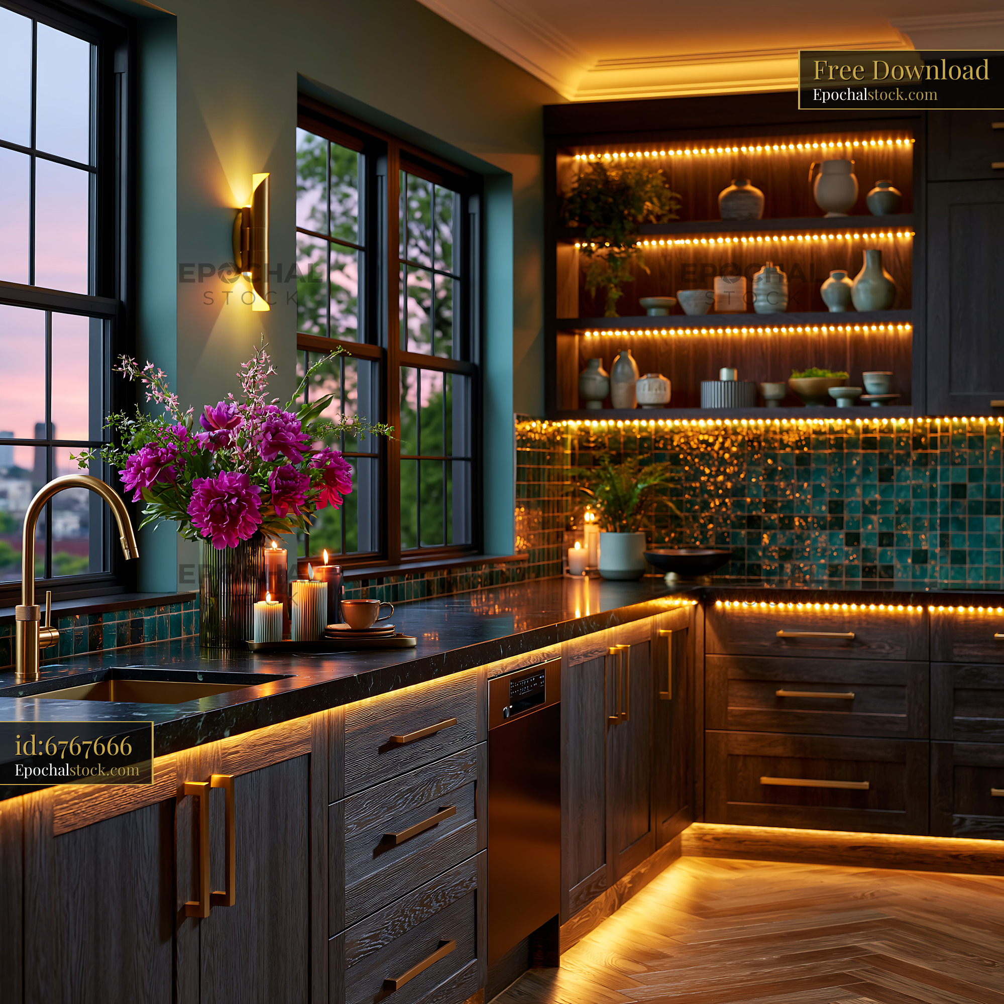 Watermarked full-resolution preview of Modern kitchen with flowers and warm lighting at dusk