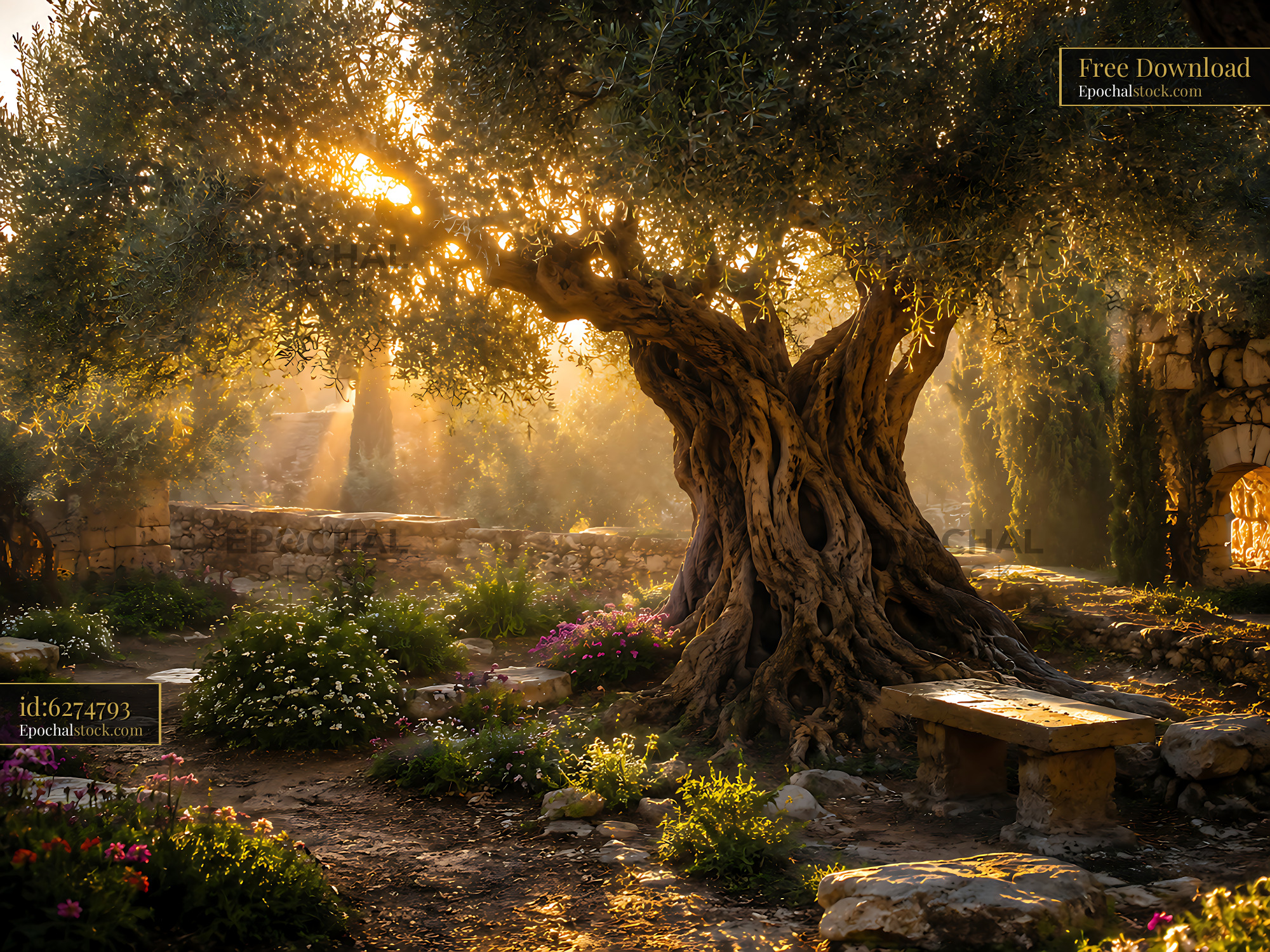 Olive Tree Stands in Sunlight Surrounded by Flowers and Stones - stock photo