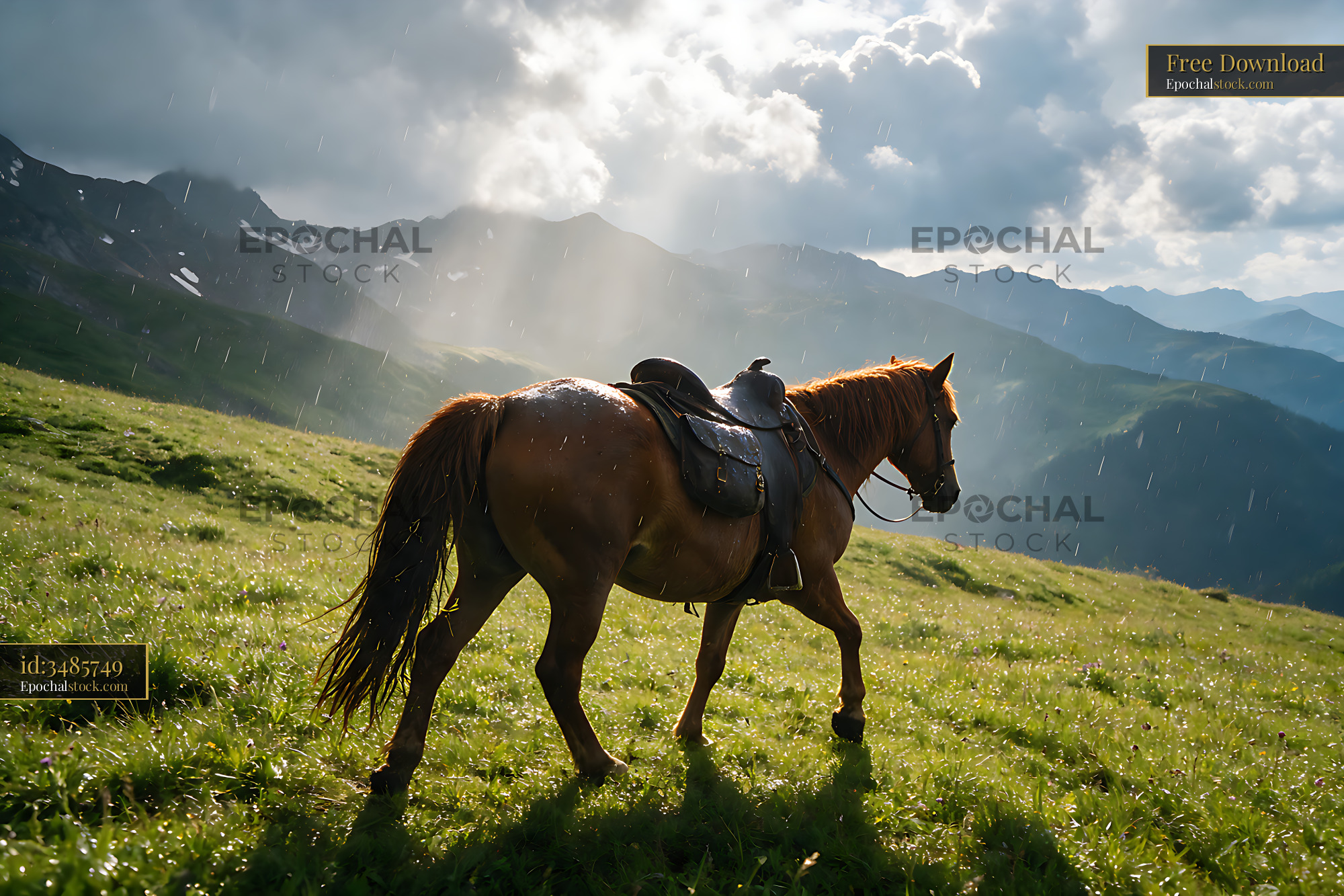 Watermarked full-resolution preview of Saddled horse in a mountain meadow under rain clouds