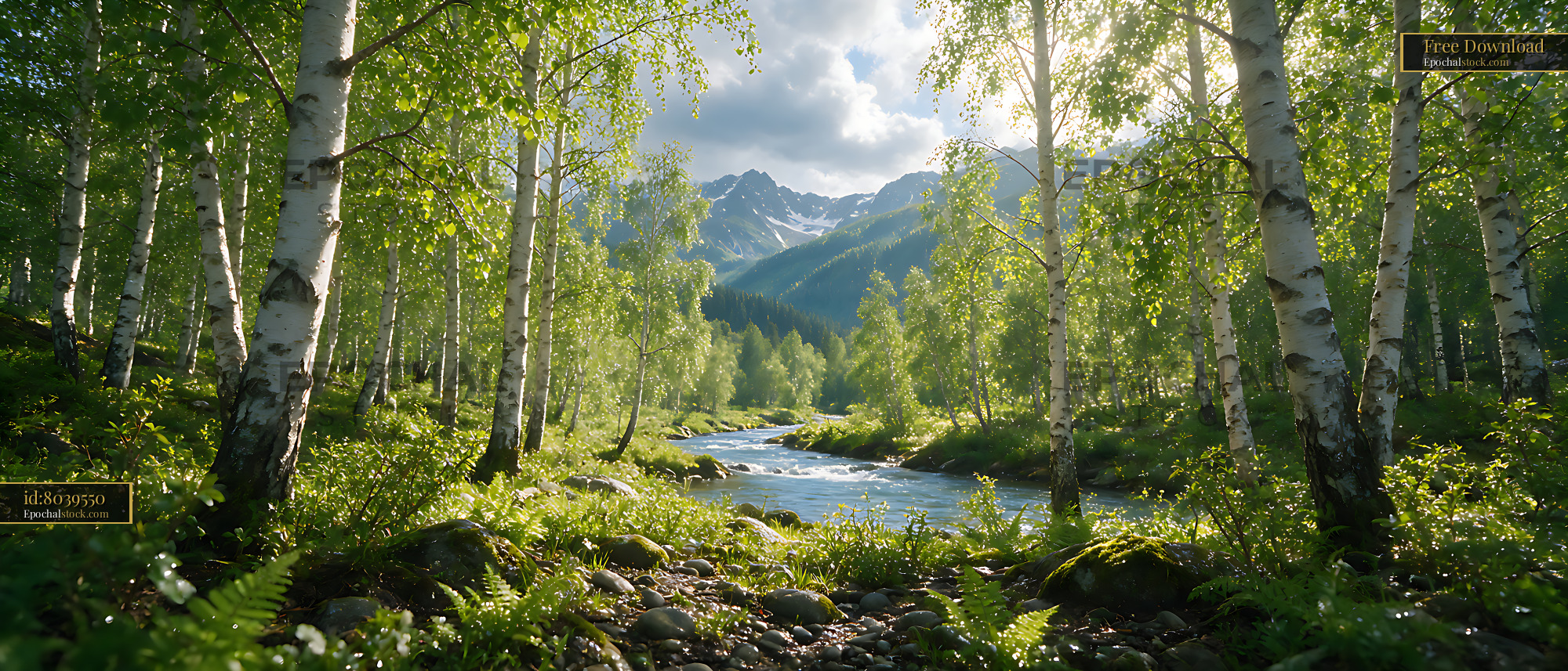 Watermarked full-resolution preview of Sunlit birch woodland beside a mountain stream
