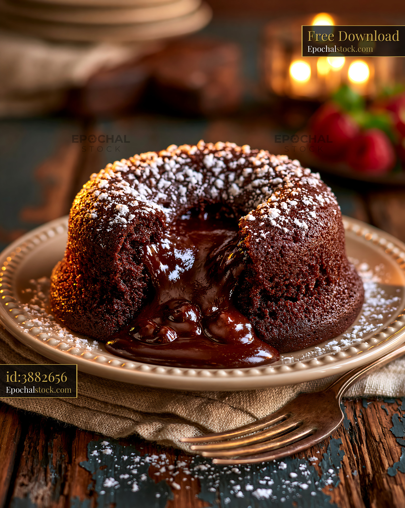 Watermarked full-resolution preview of Chocolate lava cake served on a plate with strawberries and candles