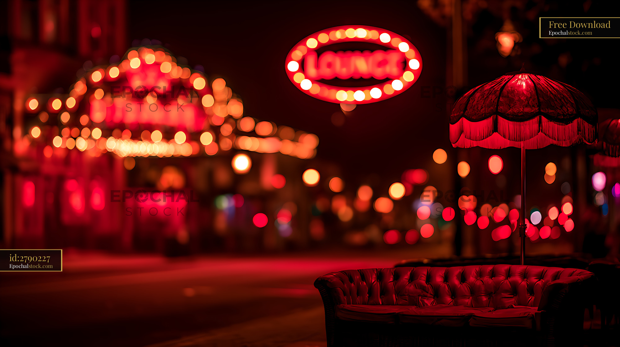 Watermarked full-resolution preview of Moody red neon lounge scene with bokeh lights