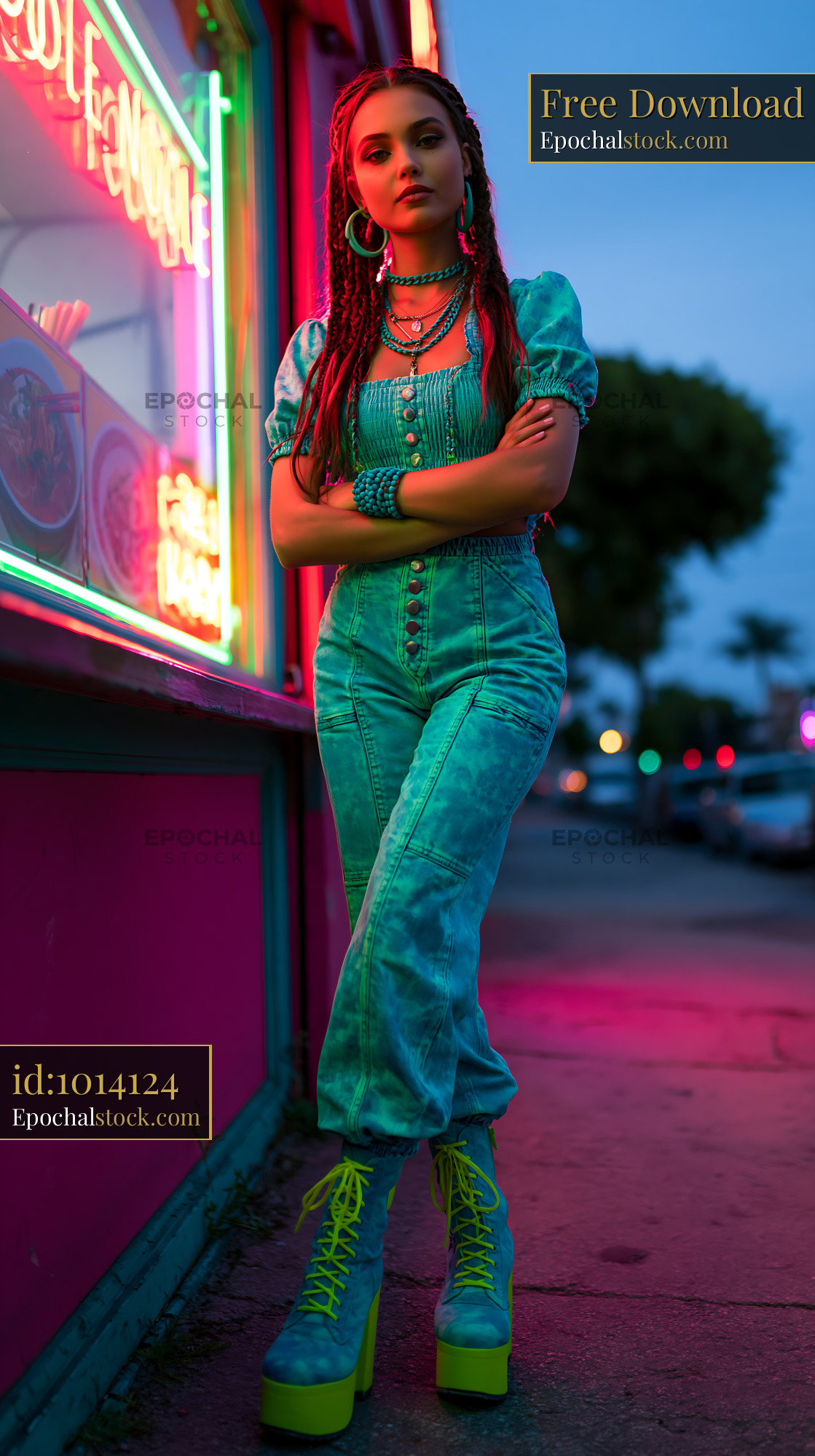Watermarked full-resolution preview of Young woman standing pose near neon cafe at dusk
