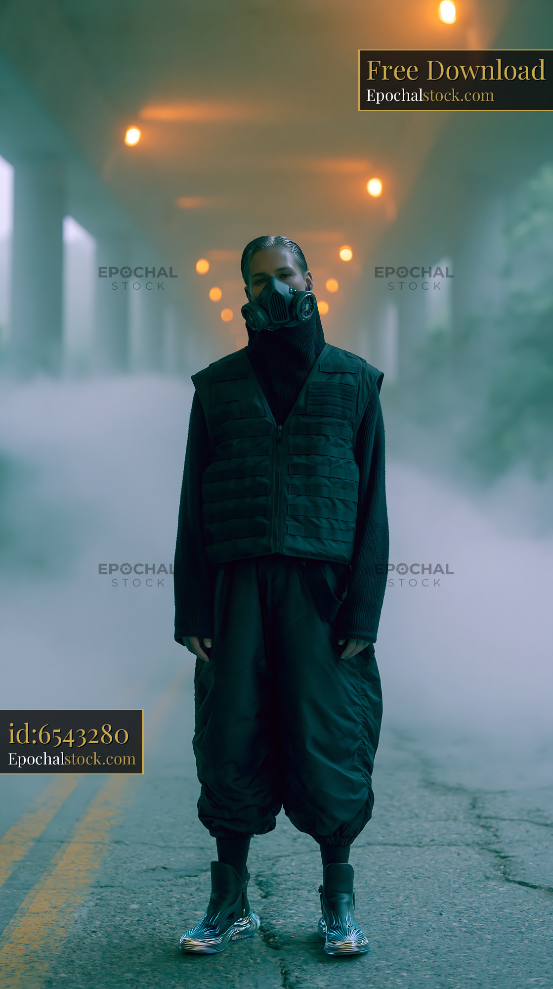 Watermarked full-resolution preview of Person in gas mask stands on a foggy road under an overpass