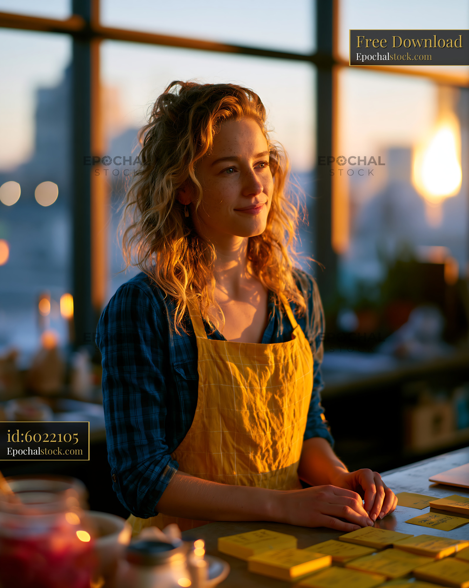 Watermarked full-resolution preview of Woman in yellow apron at a workspace during sunset