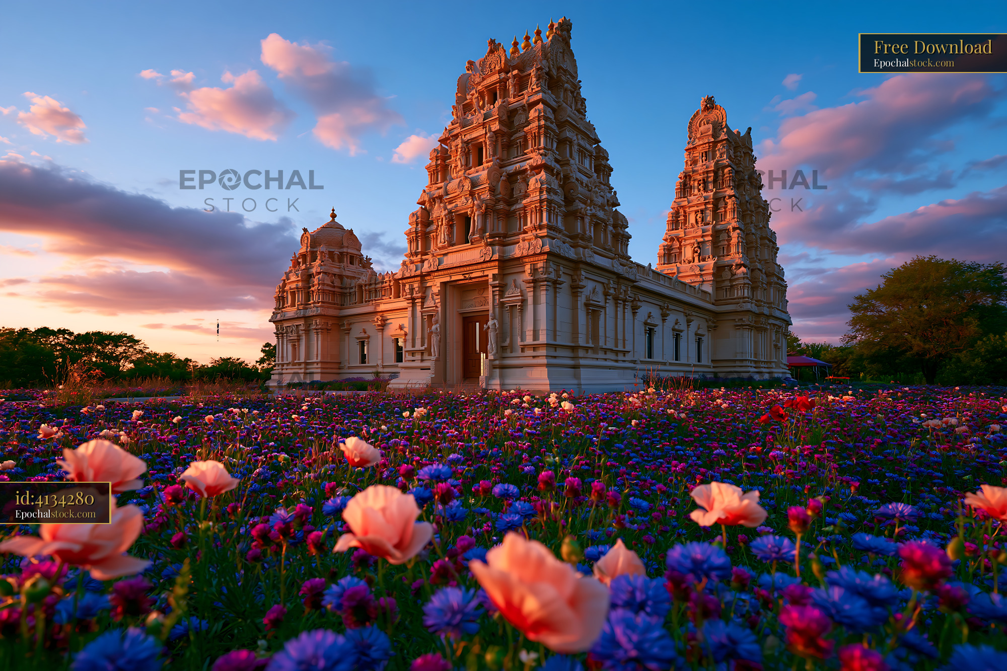 Watermarked full-resolution preview of Temple surrounded by flowers during sunset